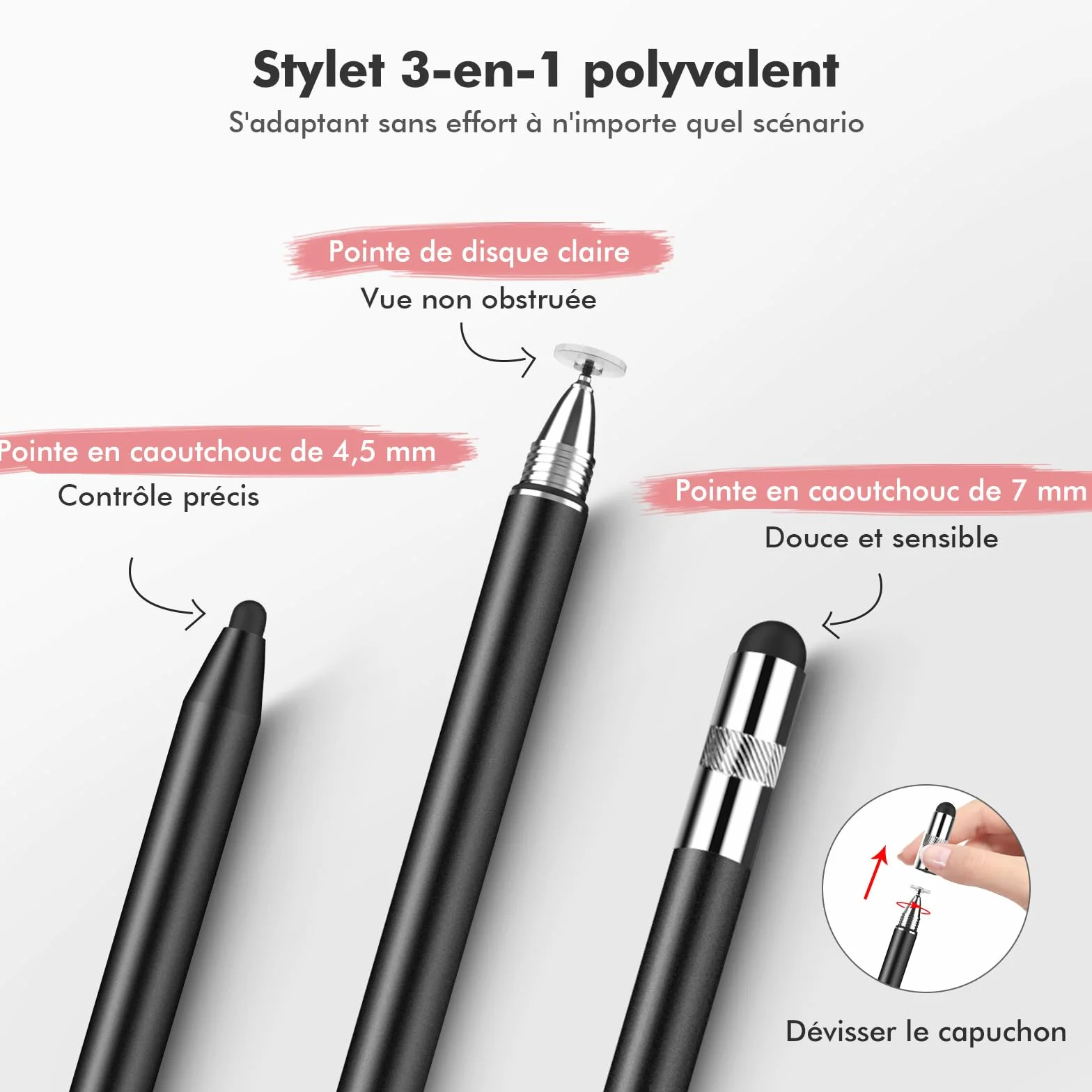 Stylet Tablette MEKO 3 en 1 pour iPad Samsung Smartphone Switch, Haute Précision avec 10 Embouts de Rechange (Noir + Or Rose)
