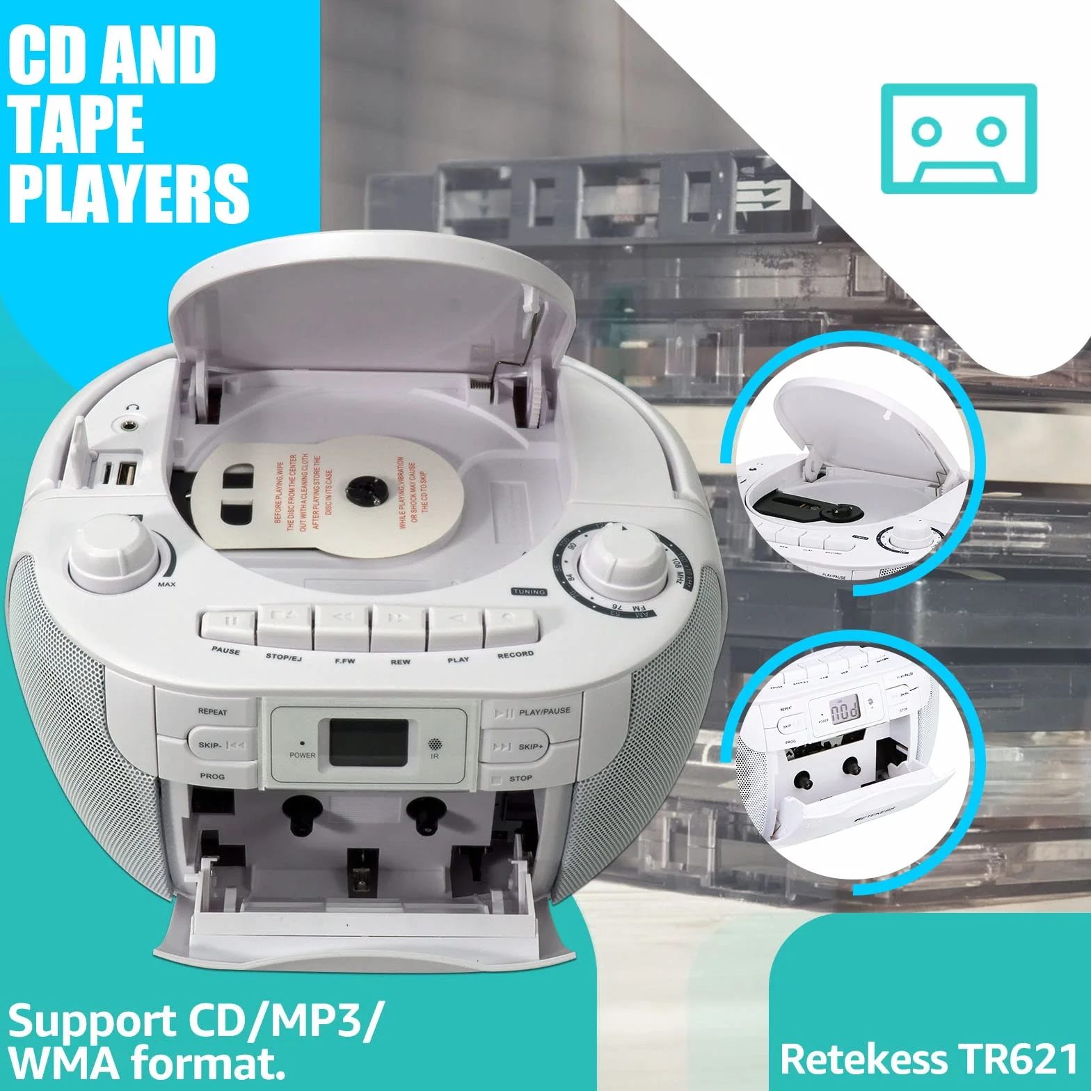 Retekess TR621 Poste Radio CD Lecteur Cassette Audio Boombox Stereo Enregistrement Télécommande USB TF Casque Radio Portable Blanc