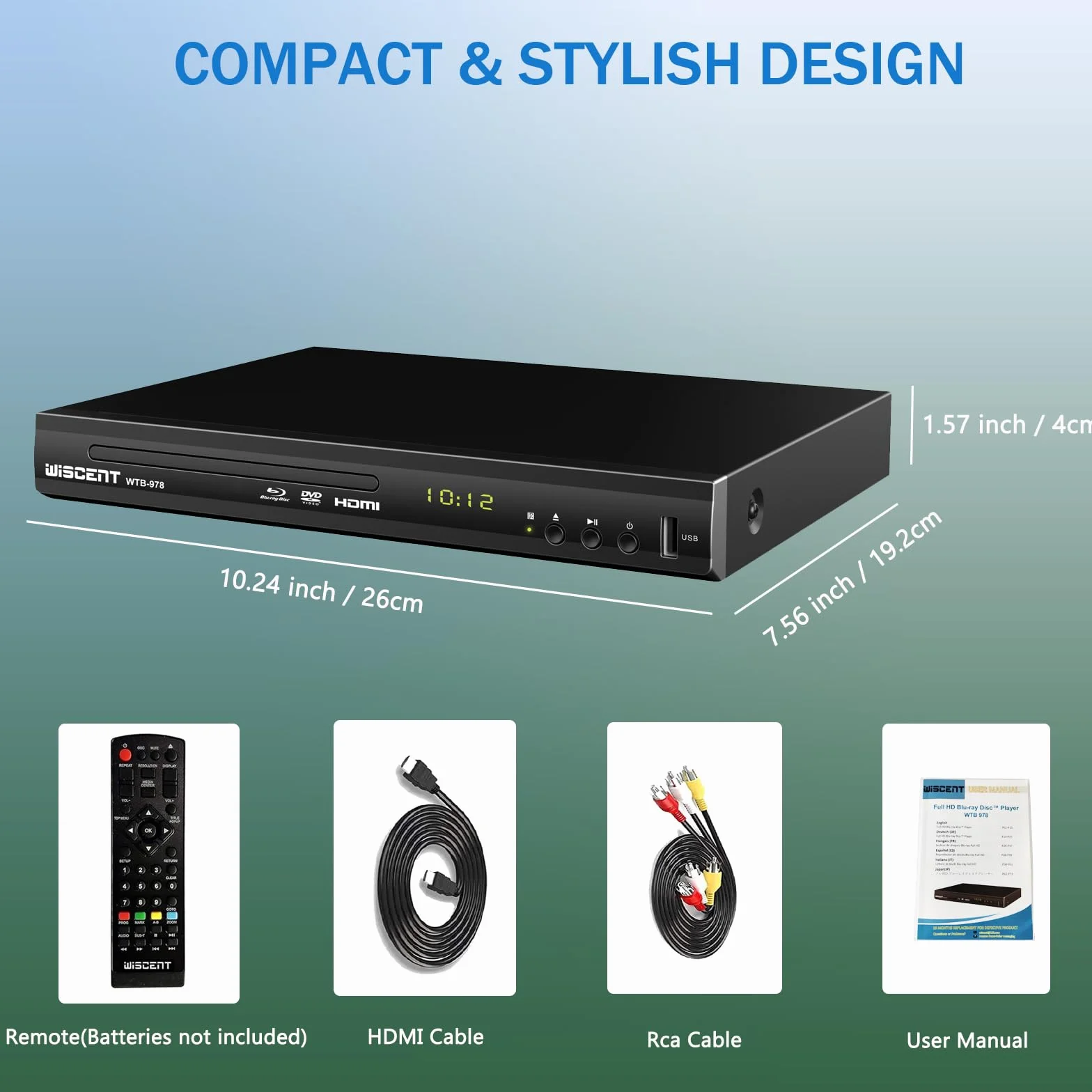 Lecteur Blu-Ray pour TV, Lecteur DVD WISCENT avec Sortie Coaxiale/HDMI/AV, entrée USB, Tous Les DVD etRégion B/2 Disques Blu-Ray, Compact Full HD, Lecteur Blu-Ray 1080p