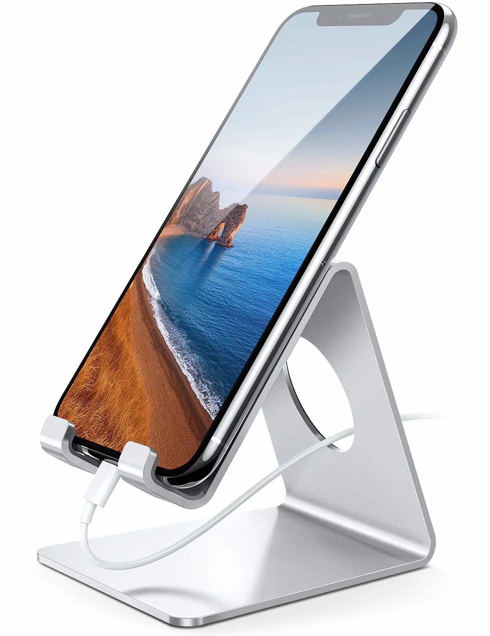 Lamicall Support Téléphone, Dock Téléphone - Support Téléphone Bureau pour iPhone 17 Pro Max Air, 16/15/14/13/12 Pro Max Plus Mini XS XR X 8, Huawei, Samsung S10 S9 S8, d'autres Smartphones - Argenté