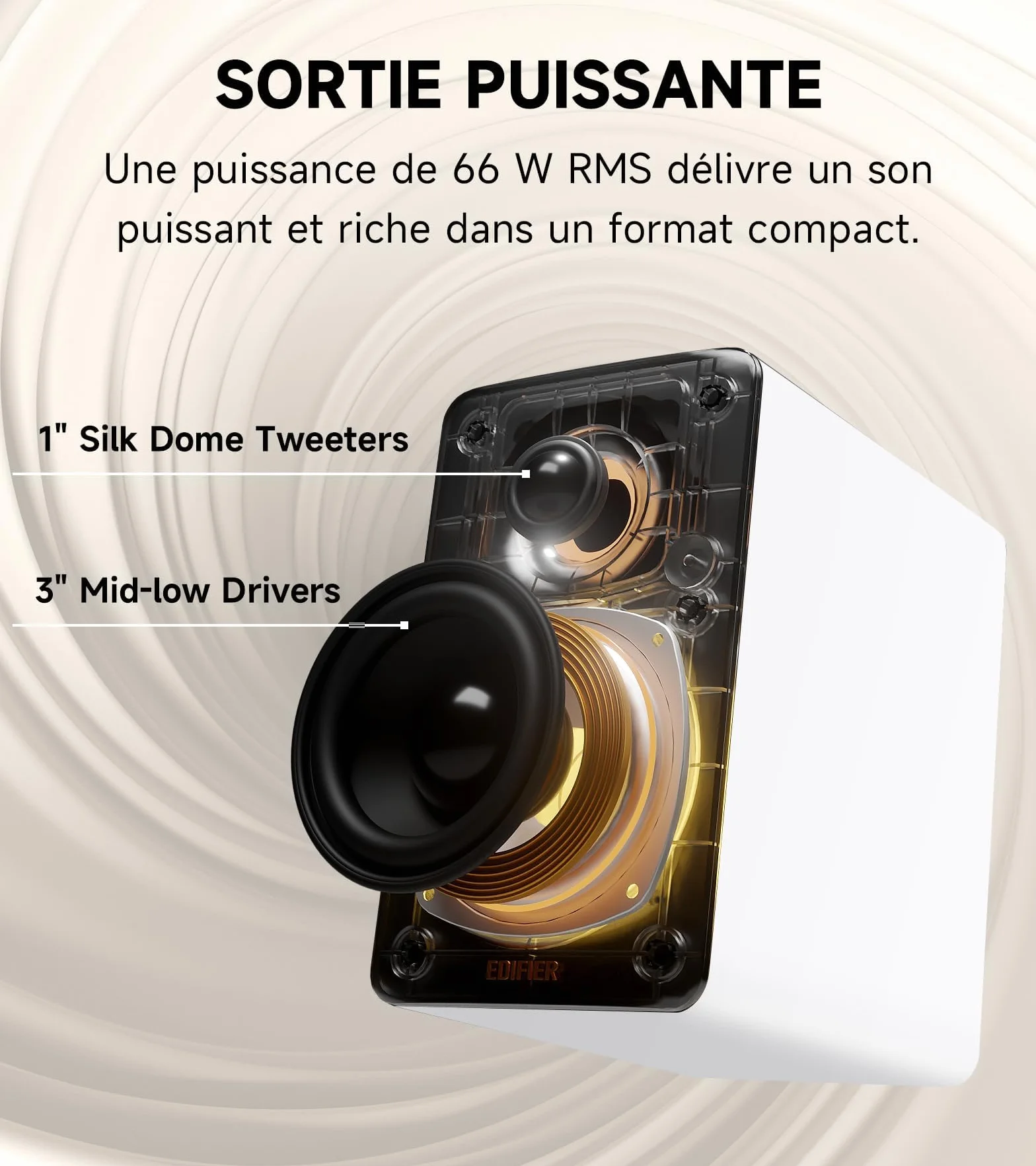 Edifier M60 2.0 Haut-parleurs Bibliotheques Bluetooth 5.3 66W RMS Audio Hi-Res LDAC Basses 3" Tweeter 1" USB-C AUX Blanc