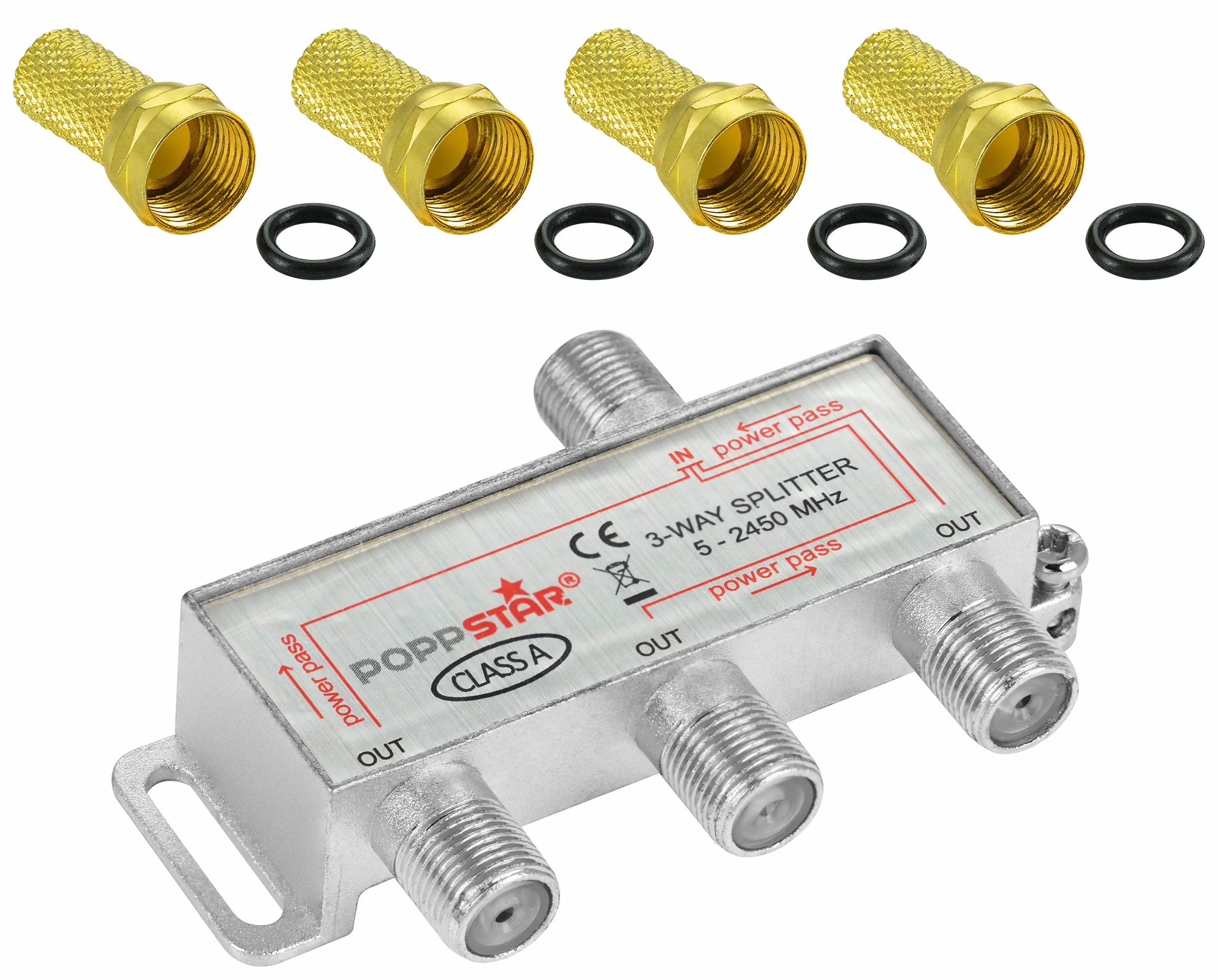 Poppstar Répartiteur coupleur d'antenne 3 Sorties, Fiche F inclue (analogique/numérique/large-bande/unicable/HD/4K Compatible) pour TV,Antenne TNT,Satellite,Câble,TV,Radio,LNB - 100dB, 5-2450 MHz