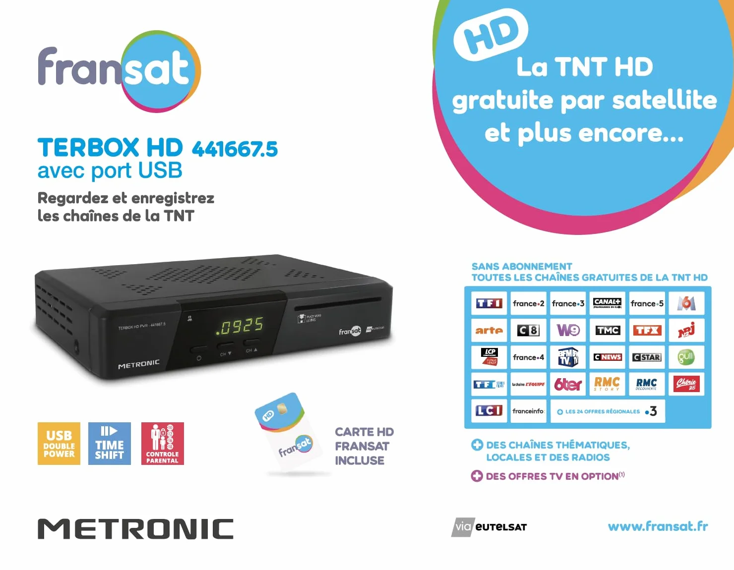 Metronic 441667 Décodeur TNT / FRANSAT Satellite Terminal HD PVR READY - TNT Gratuite Parabole Satellite Eutelsat - avec Carte FRANSAT - Fonction Enregistreur TV