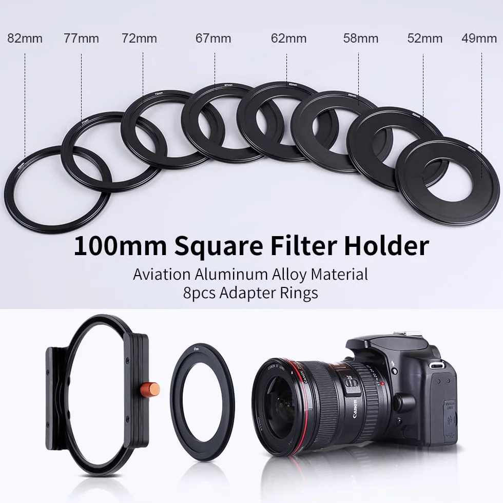 K&F Concept Porte Filtre Système 100mm en Aluminium au Grand Angle et 8 Bagues Adaptateurs Inclus pour Objectif Appareil Photo