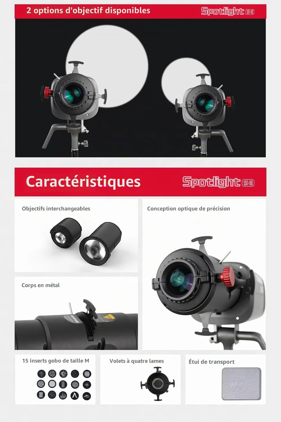 Amaran Spotlight SE 36° Kit d'objectifs de projection de précision pour Amaran 300c, 150c, 200x S, LS 300x, compatible avec Bowens Mount lumière ponctuelle jusqu'à 300 W