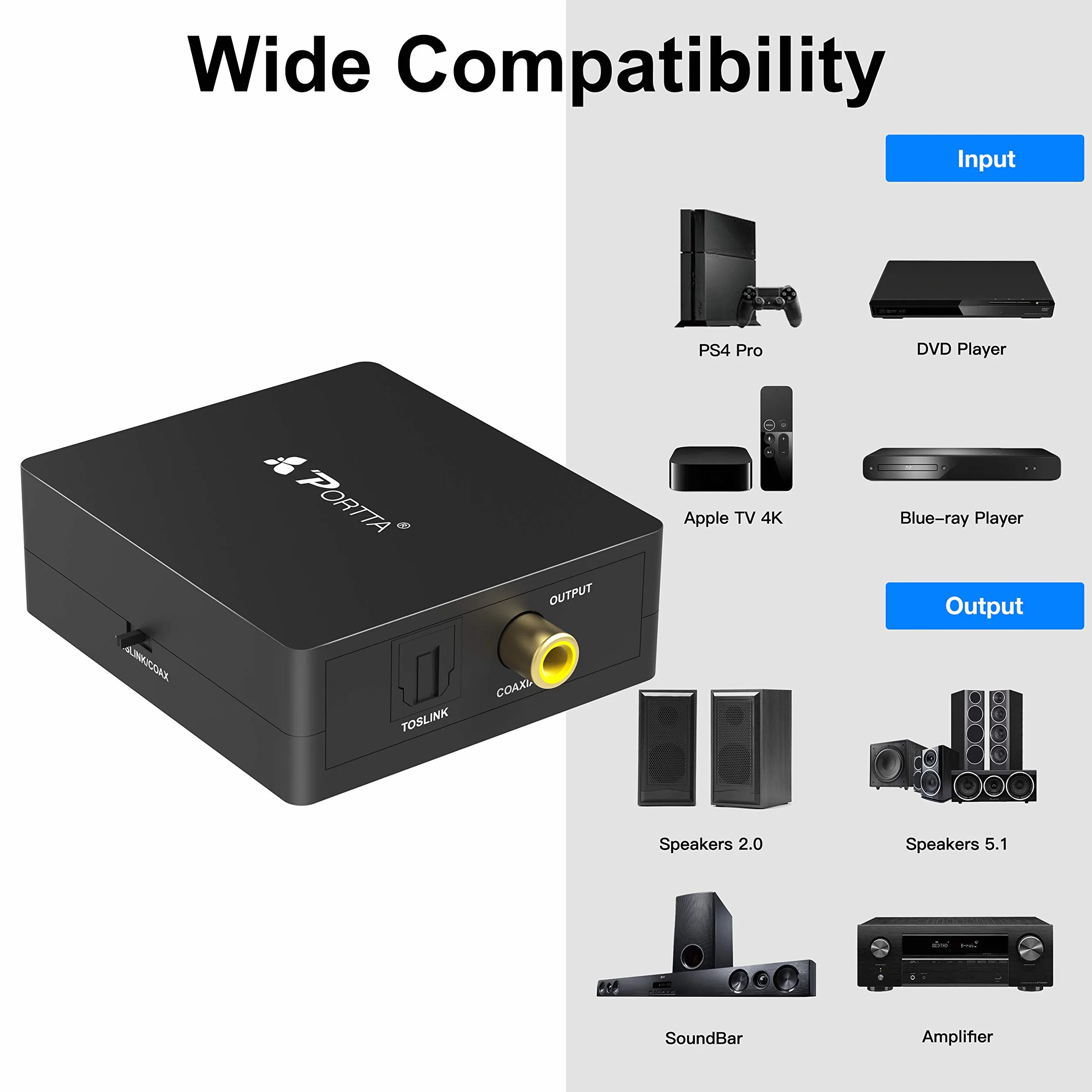 Portta Audio Convertisseur Numérique SPDIF Optique Coaxial Toslink vers Numérique SPDIF Optique Coaxial Toslink Adaptateur Bidirectiontionnel 2 Port 2 x Entrées à 1 x Sortie pour
