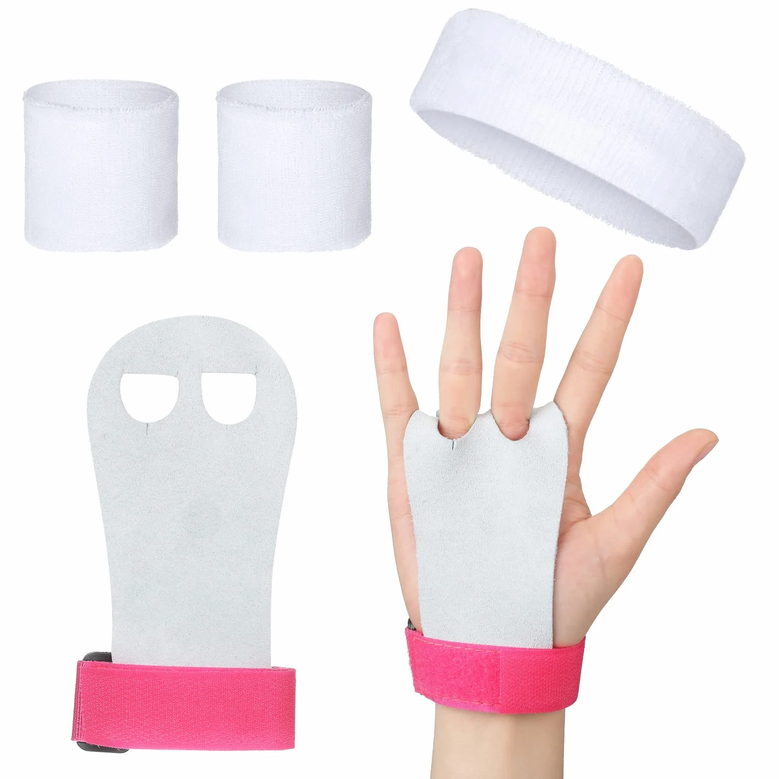 BBTO Manique Gym Poignées de Gymnastique Fille avec Bracelets Sweatband Bandeau Protection Palme et Poignet de Soutien Rose Blanc S