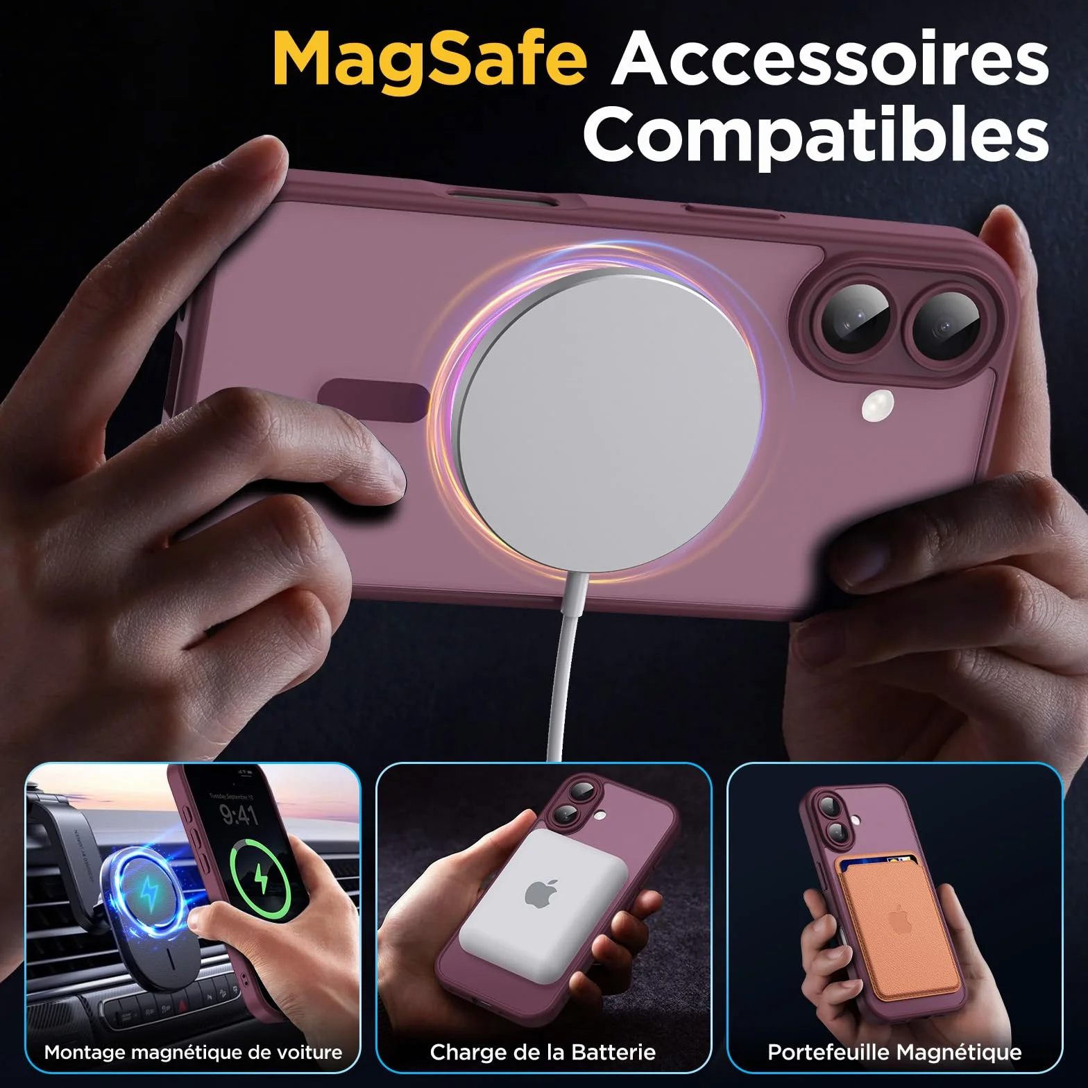 Oududianzi-Coque pour iPhone 17 Compatible avec MagSafe Magnétique, Housse de Arrière Translucide Givrée PC, TPU Silicone Bumper Étui Protection Antichoc Militaire Anti-Empreintes-Bordeaux