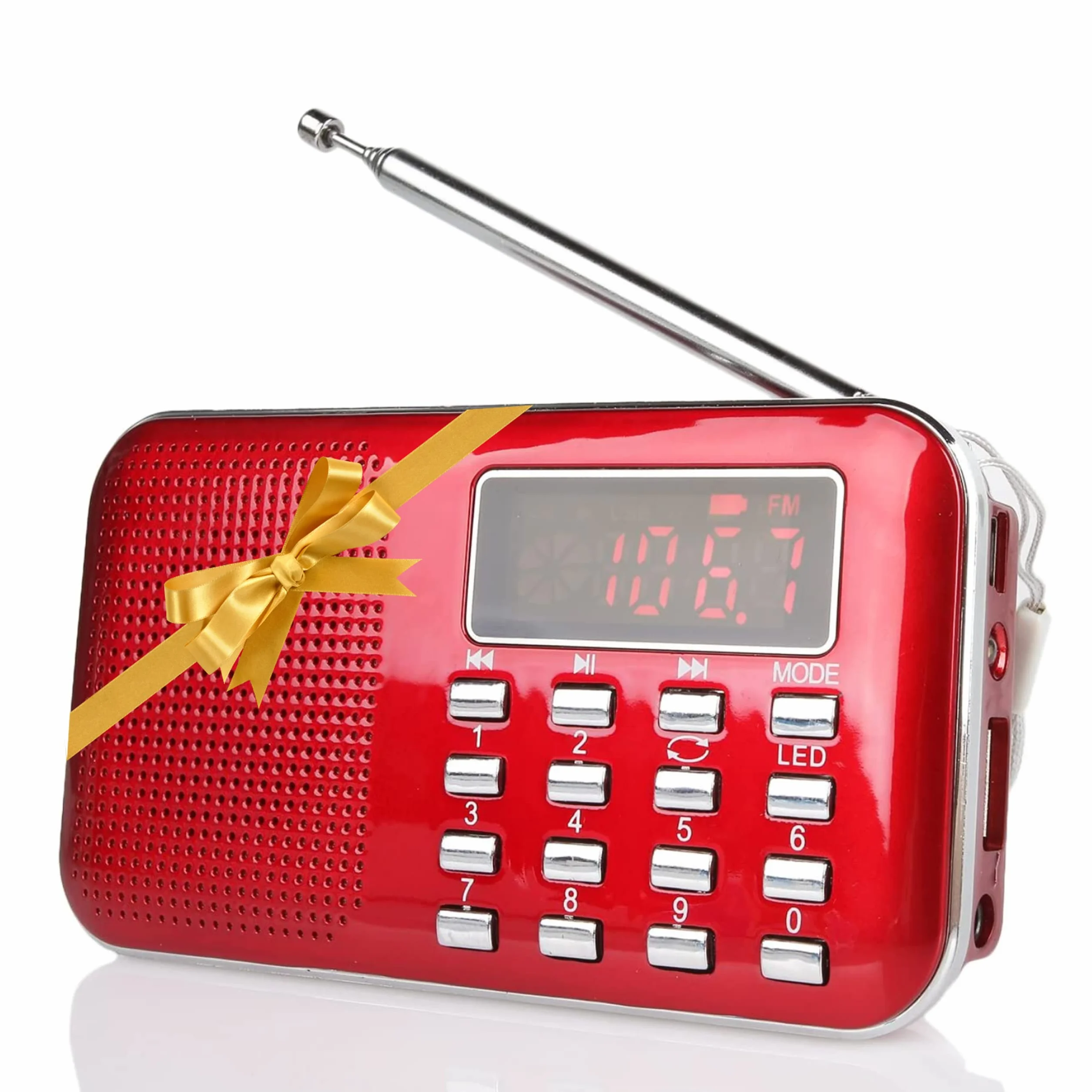 Raddy RF23 Radio Portable FM/AM Rechargeable avec Lampe de Poche, Grand Écran LCD, Lecteur MP3 Micro SD/USB, Batterie 800mAh, Rouge