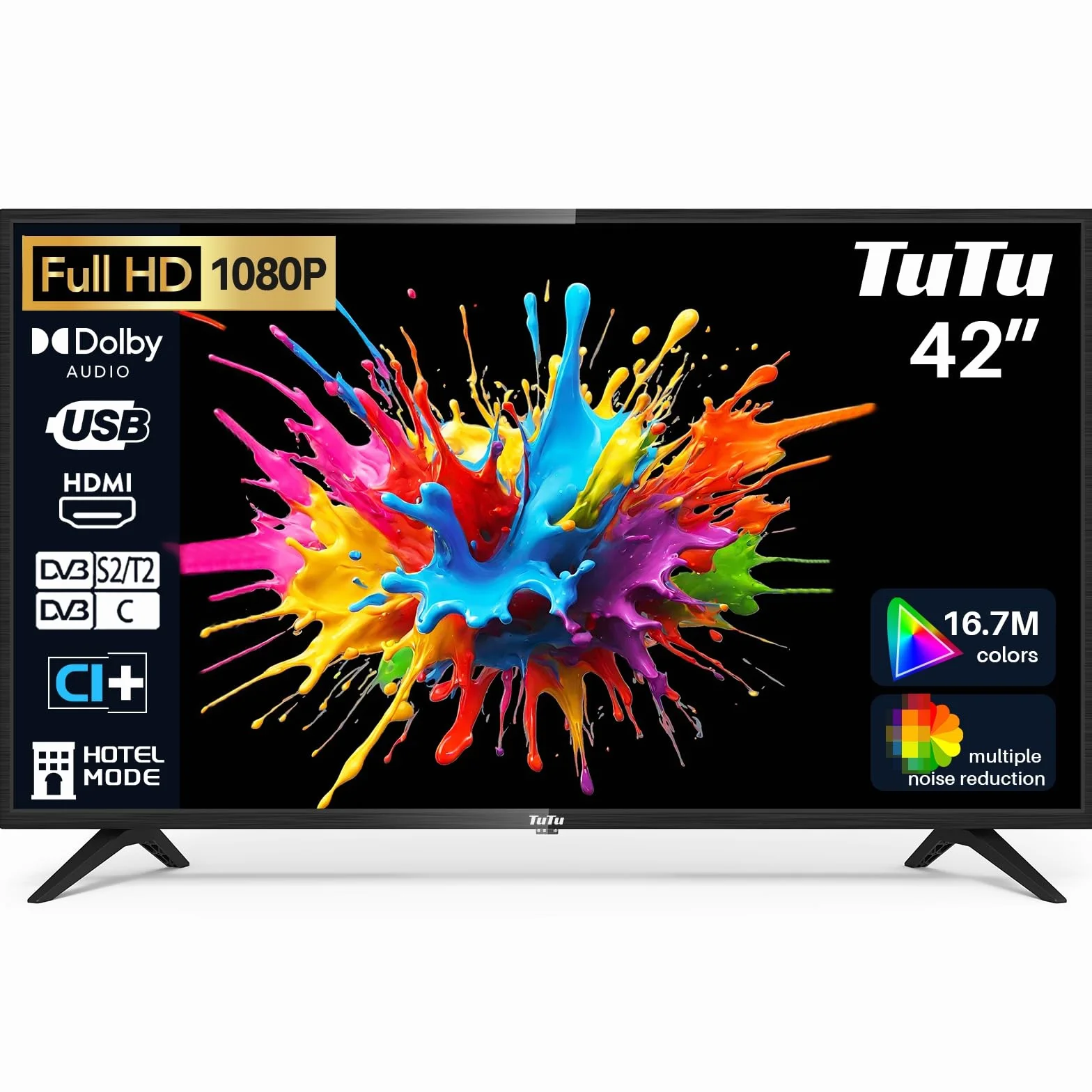 TuTu TV 42 Pouces (107 cm) LED Full HD Télévision avec Triple Tuner (DVB-C / T2 / S2), HDMI, CI+, Lecteur multimédia USB, Mode hôtel, Dolby Audio - TUB42FD1N