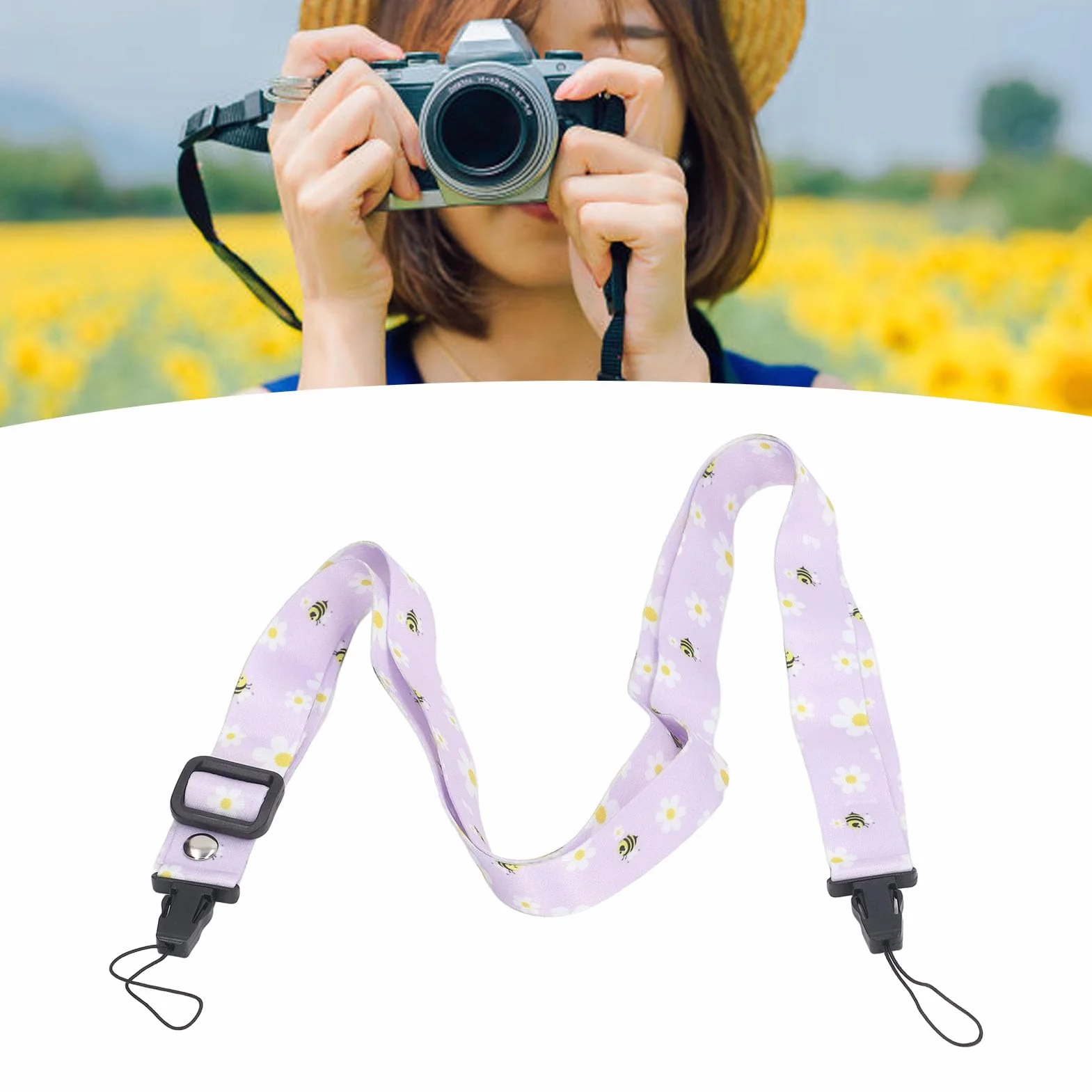 Courroie de Cou pour Appareil Photo, 1,2 M Motif imprimé Caméra Cou Bandoulière Réglable Sangle D'Appareil Photo pour Mini 12 11 8 9 Appareil Photo (Marguerite Violette)