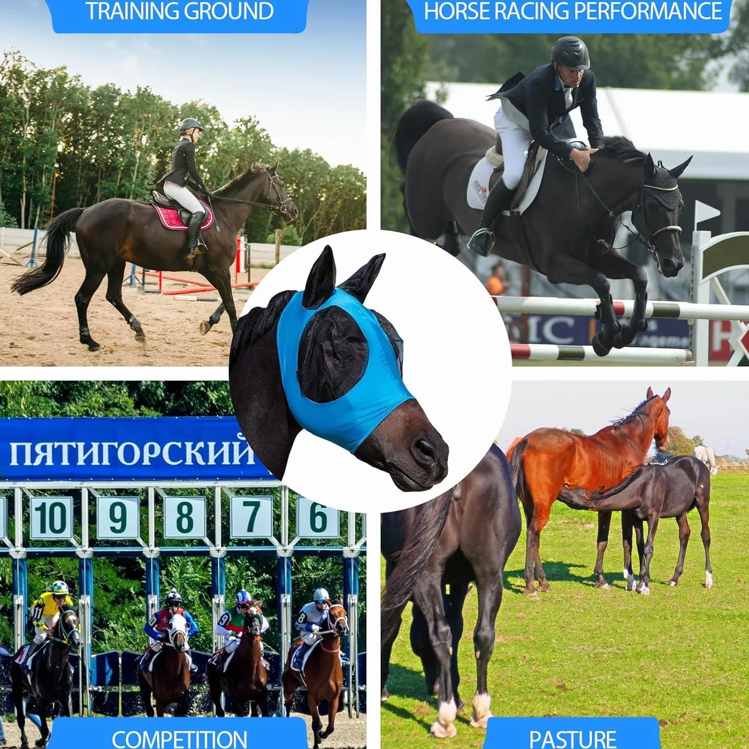 Masque Anti-Mouches Bleu avec Oreilles pour Cheval - Maille Respirante UV Protection
