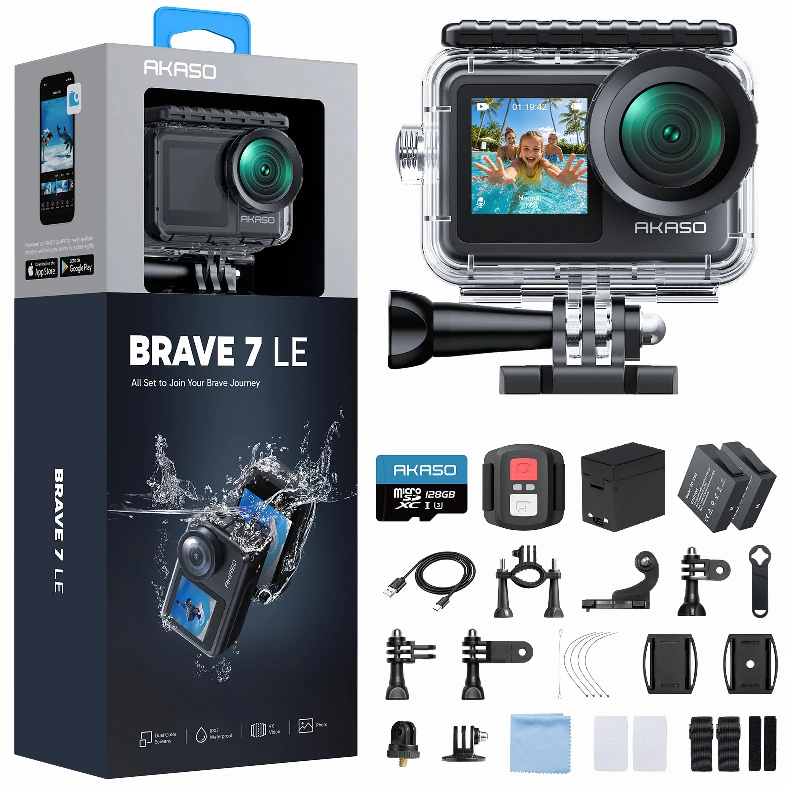AKASO Brave 7 Caméra Sport 4k 30FPS 20MP WiFi 40M Plongée Écran Tactile IPX7 EIS 2.0 Double Écran 128 Go