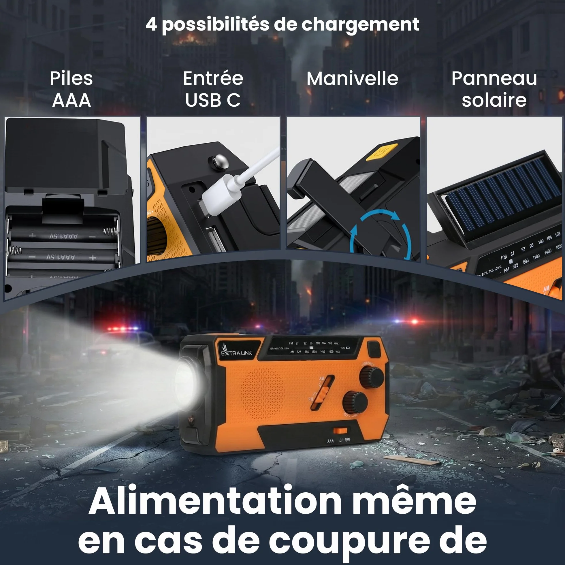 Radio Portable d'Urgence à Manivelle avec Panneau Solaire 4000mAh FM/AM Torche LED SOS Extralink