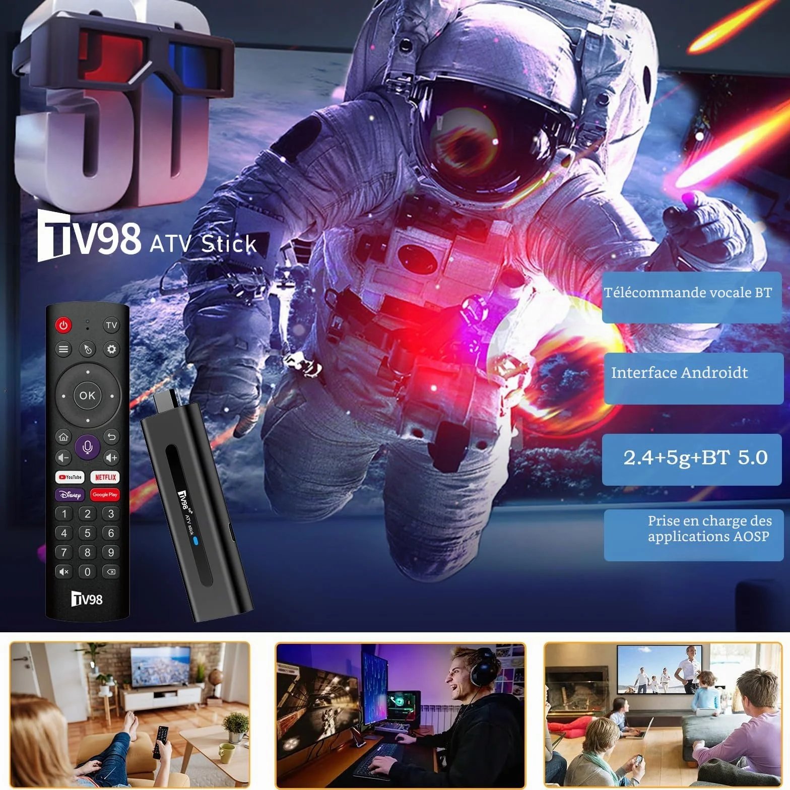 Android 14.0 TV Box, clé de streaming 8 K, 2 Go de RAM 16 Go de ROM, double WiFi 2,4 G/5,8 G, HDMI, 4 K HDR, télécommande vocale, lecteur de films 3D, convient pour les boîtes TV Android ou les clés