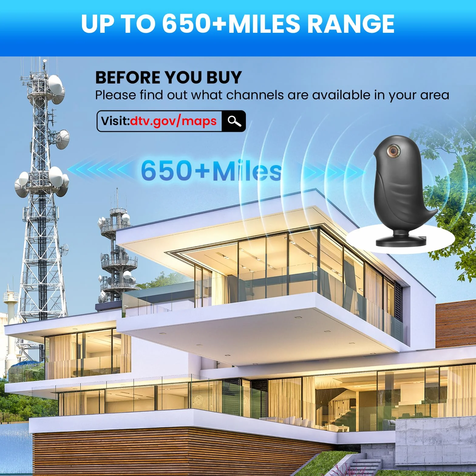 Antenne TV Intérieure Puissante, Antenne TNT HD 4K avec Amplificateur de Signal, Réception Longue Portée 650km, 360° sans Angle Mort Compatible DVB-T/T2 pour Téléviseur Numérique Intelligent