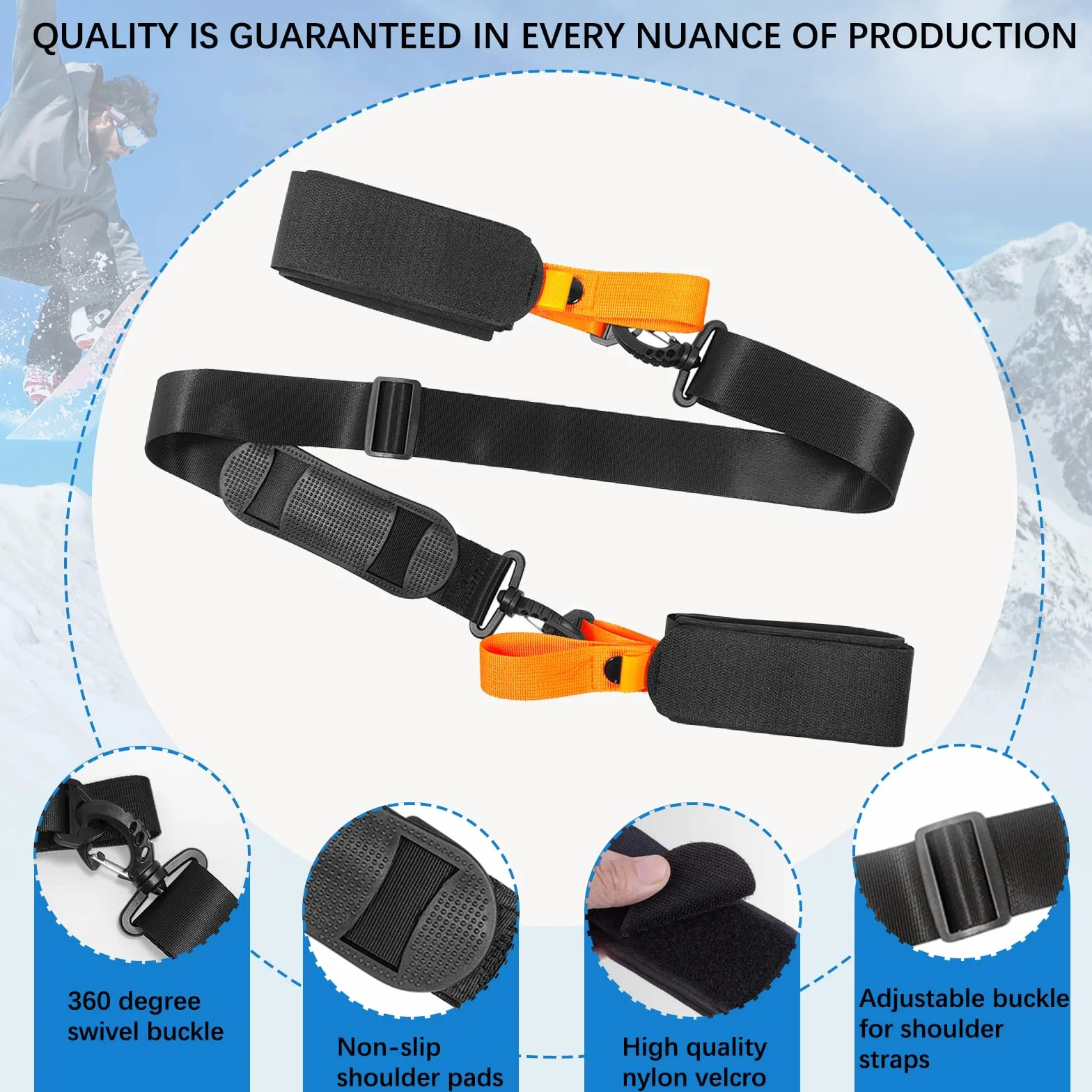 Sangle de Ski Réglable avec Bandoulière Rembourrée pour Transport de Skis et Bâtons