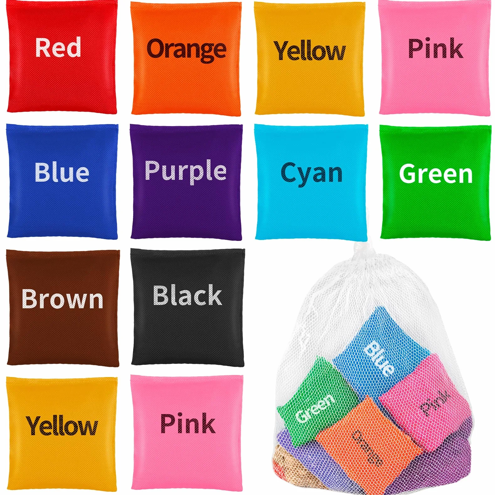 Sacs de cornhole 6x6 cm Nylon Lot de 20 pour enfants extérieur intérieur 10 couleurs