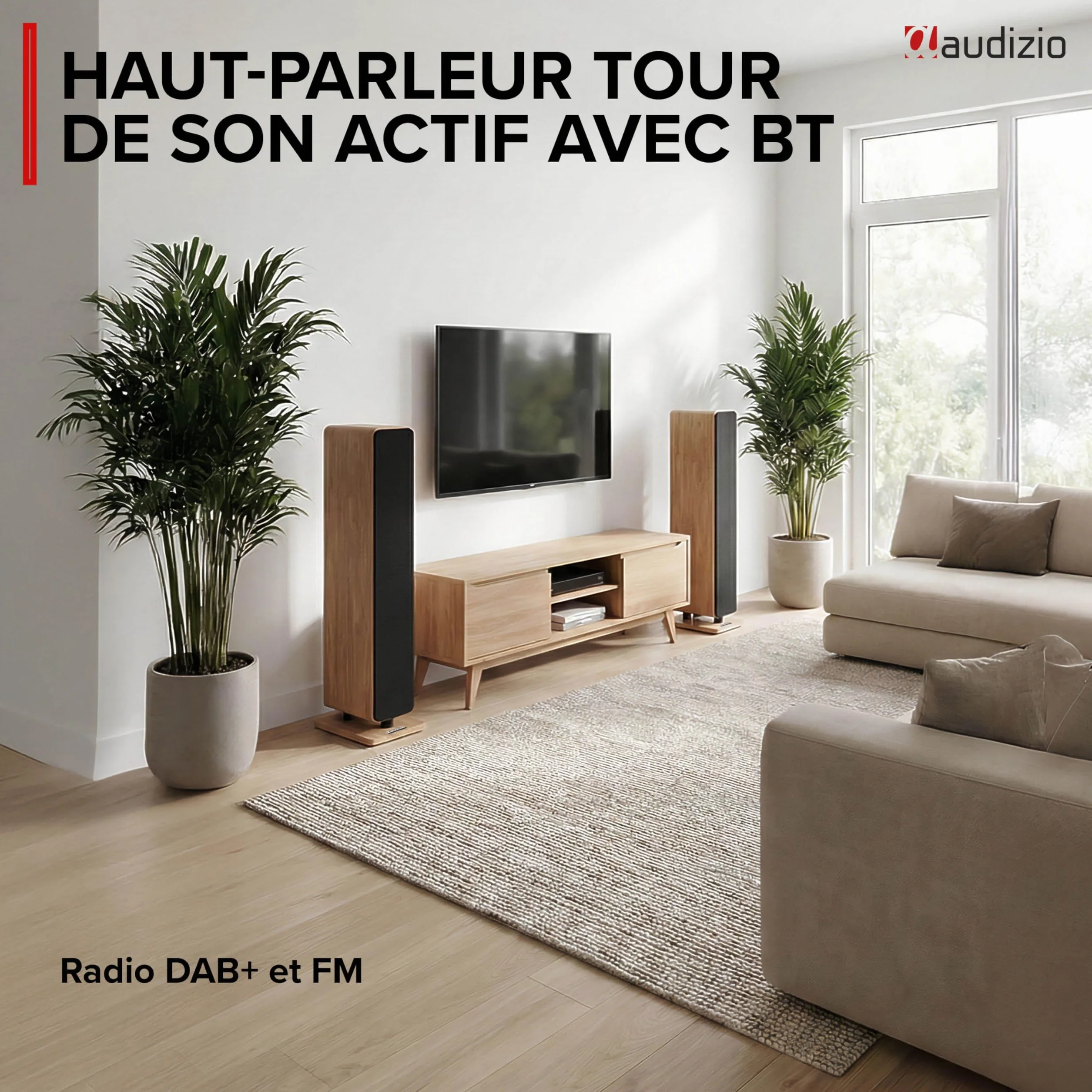 Audizio ARCO Tour de Son Hi-FI Stéréo 320W Chêne Clair - Pack Enceintes Colonnes Active + Passive avec BT, USB et Optique Tour de Son Design pour Salon, TV et Musique