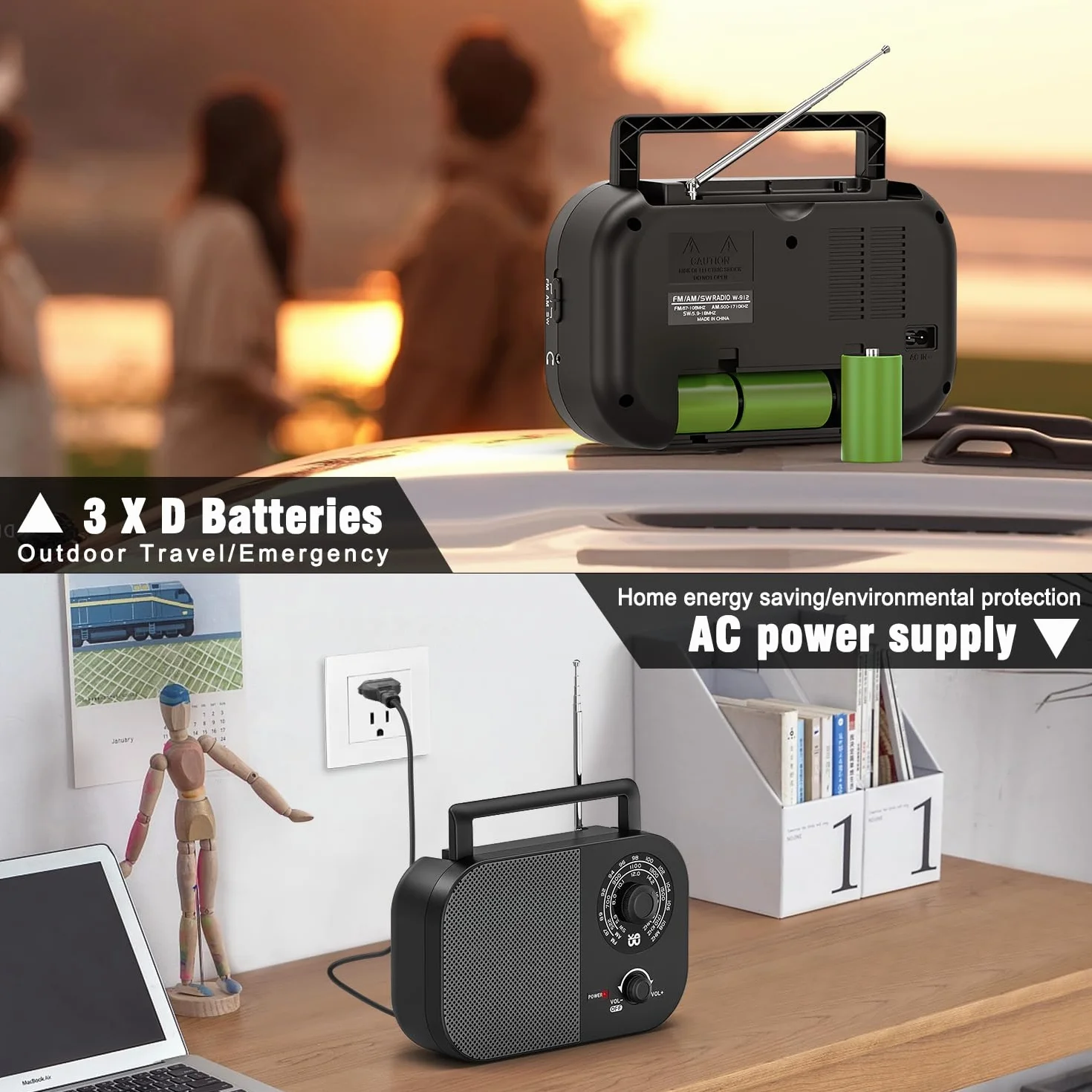 Radio Portable AM,FM,SW,FM Poste Radio Portable,Alimentée Secteur et la Batterie pour Une Réception,Haut-Parleur Intégré et Prise Casque Une Utilisation à la Maison/Extérieur/Camping/Urgence（Noir）