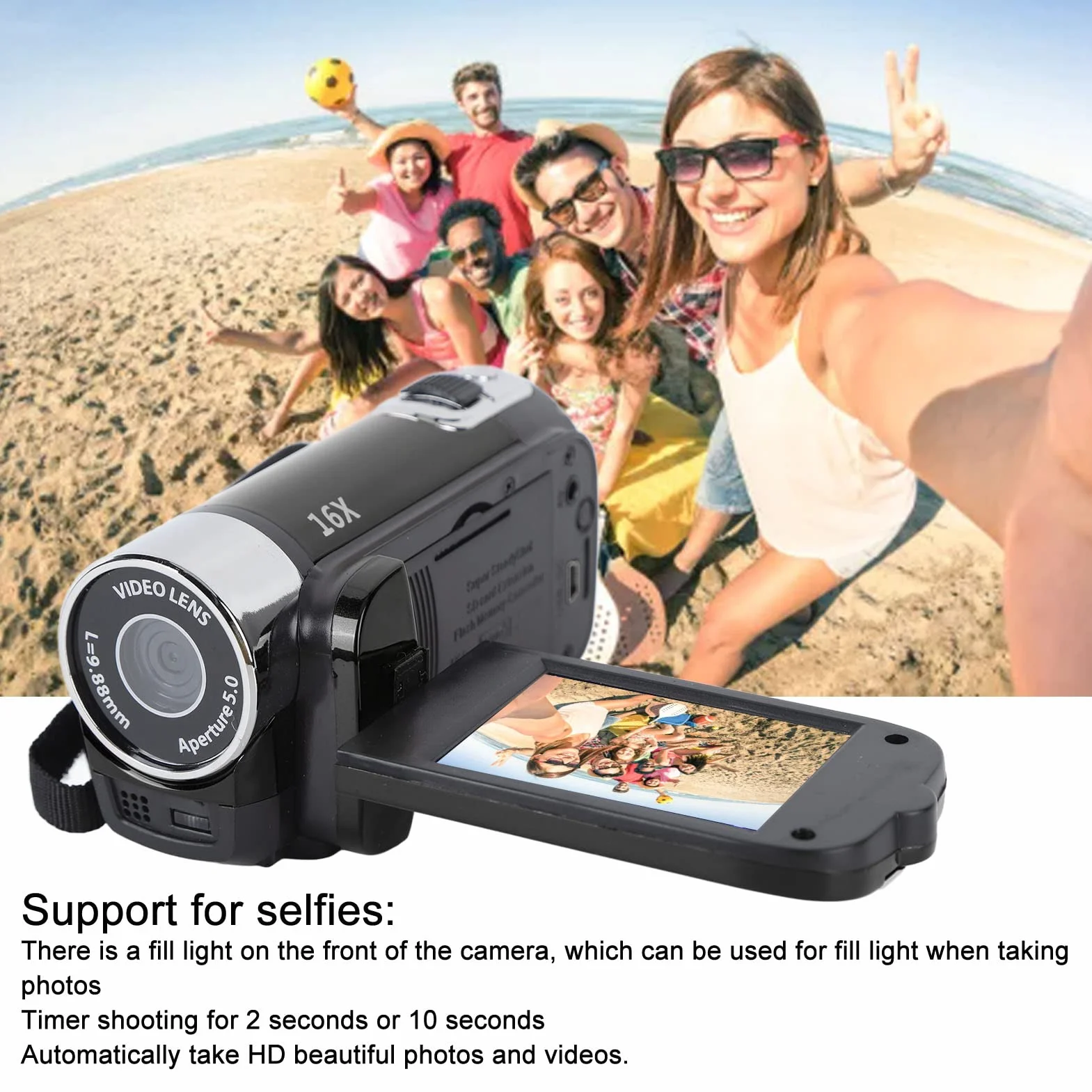 Caméra Vidéo Caméscope, 1080P 16MP DV Caméra Portable, Écran Rotatif TFT 2.7in Zoom Numérique 16x Caméra Vidéo avec Câble USB pour Famille, Voyage (Noir)