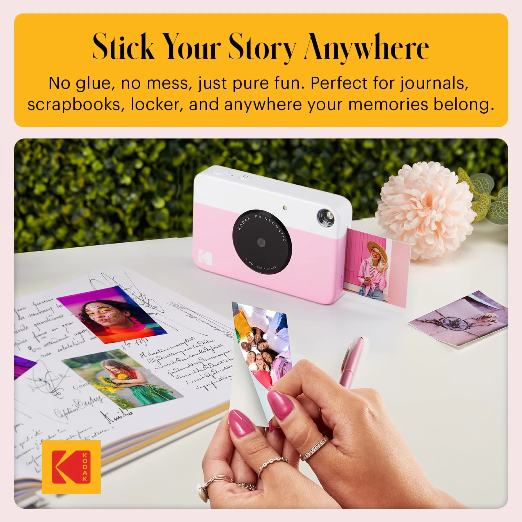 KODAK Printomatic Appareil photo numérique à impression instantanée couleur – Photos de haute qualité sur papier autocollant Zink 2 x 3" – 5 MP, portable, cadeau créatif pour anniversaire, Noël – Rose