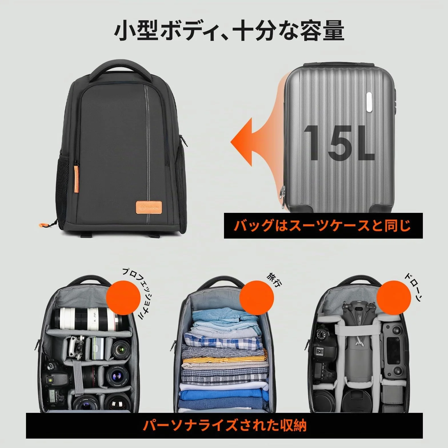 TARION Sac à Dos pour Appareil Photo 15L avec Compartiment Ordinateur 15,6" et Housse Imperméable