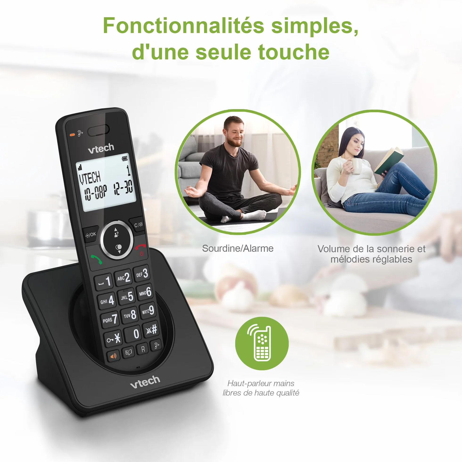 VTech ES2000 Téléphone sans Fil DECT avec Blocage d'appel, contrôle du Volume, Identification de l'appelant/Appel en Attente, 18 Heures d'autonomie, numérotation Rapide, Noir