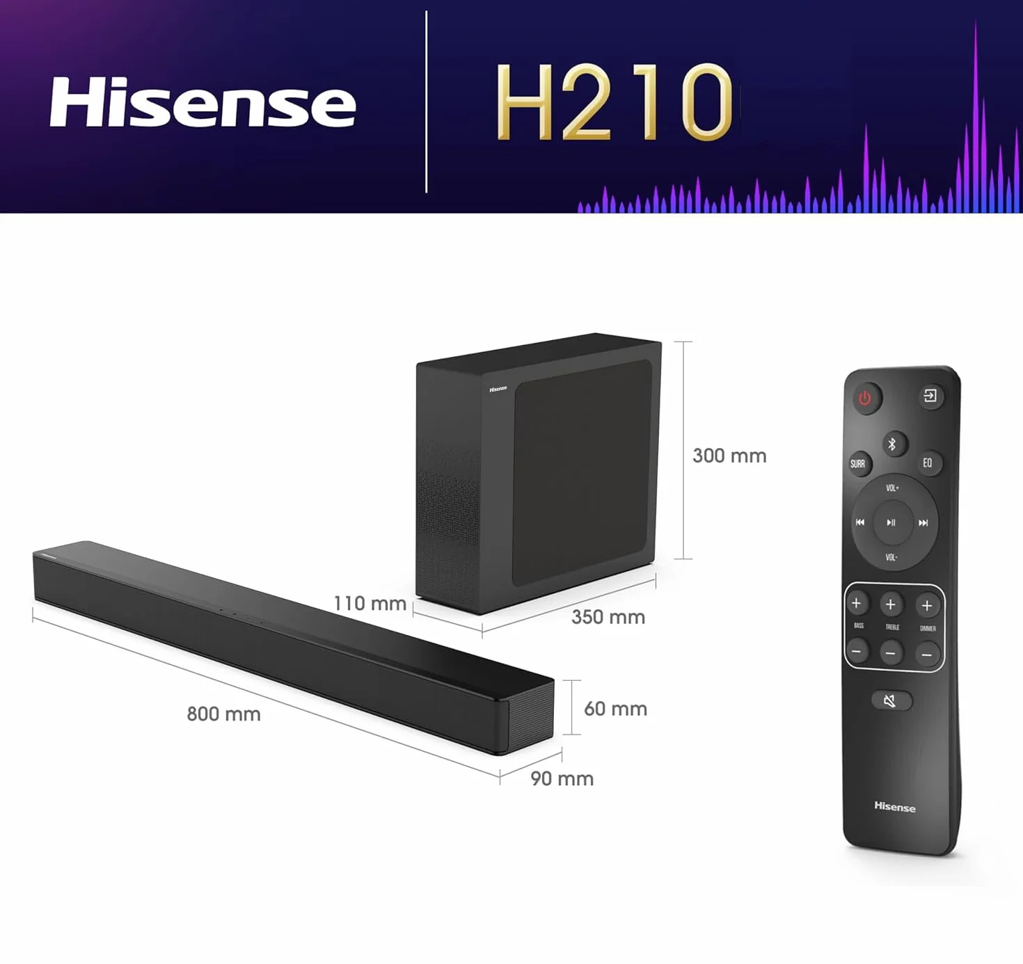 Hisense Barre de Son 2.1 CH 240W H210 DTS Virtual X Caisson de Basse sans Fil HDMI Arc Bluetooth Noir