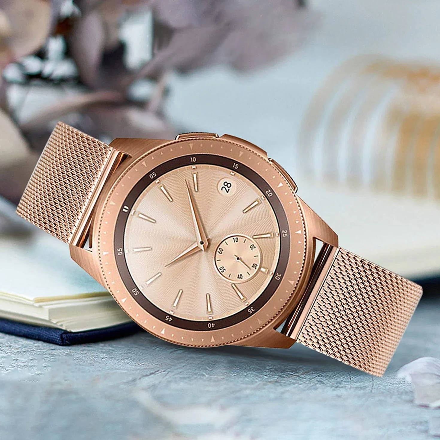 Aliwisdom bracelet de Montre 18mm pour Montre connectée, Smartwatch universelle Métal Acier Maille Bracelets de rechange de à libération Rapide pour Homme Femme (Or Rose, 18mm)