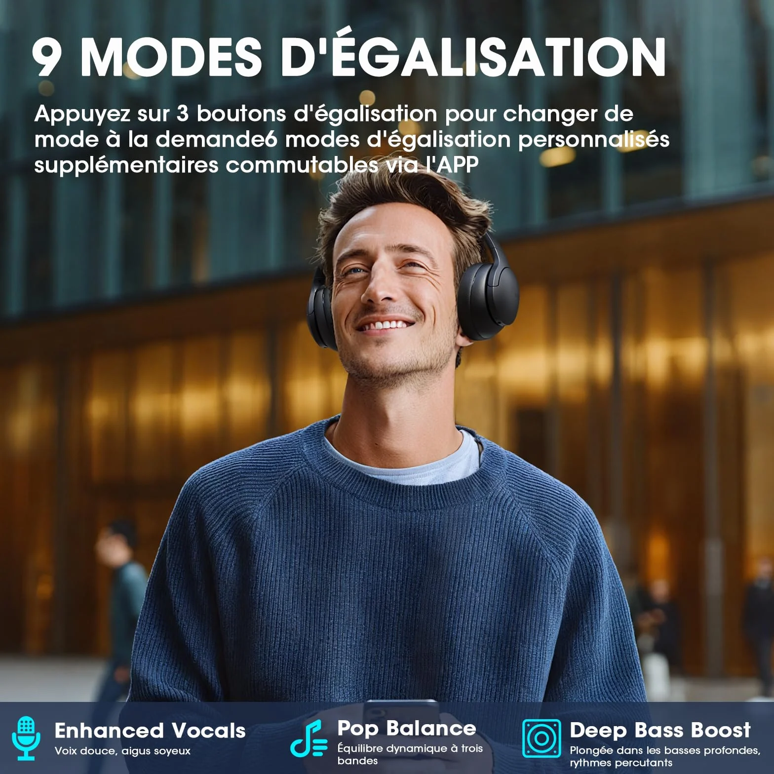 DOQAUS Casque Bluetooth sans Fil 90H Durée Lecture avec 3 Modes EQ Bluetooth 5.3, Casque Bluetooth,Cache-Oreilles protéines Souples,Casque sans Fil stéréo HiFi Microphone pour Voyage/Travail/Vie