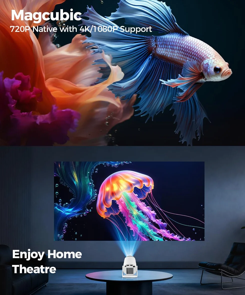 Mini Vidéoprojecteur 4K Supportée 5G WiFi 6 BT 5.4 720P Full HD Native Portable Correction Trapézoïdale Horizontale Automatique Rotatif 180°