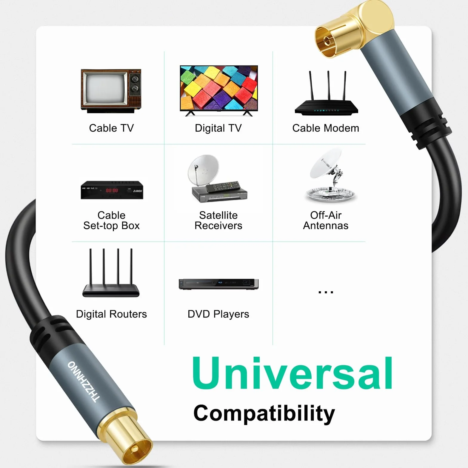 TV Antenne Angle Droit RG6 Coaxiaux Câble 3Mètres, Plaqué or 90 degrés Angle Femelle à Connecteur Mâle, Câble Coaxiaux pour HDTV, CATV, DVB - T2/C/S, Modem Câble, Radio, Récepteur Satellite