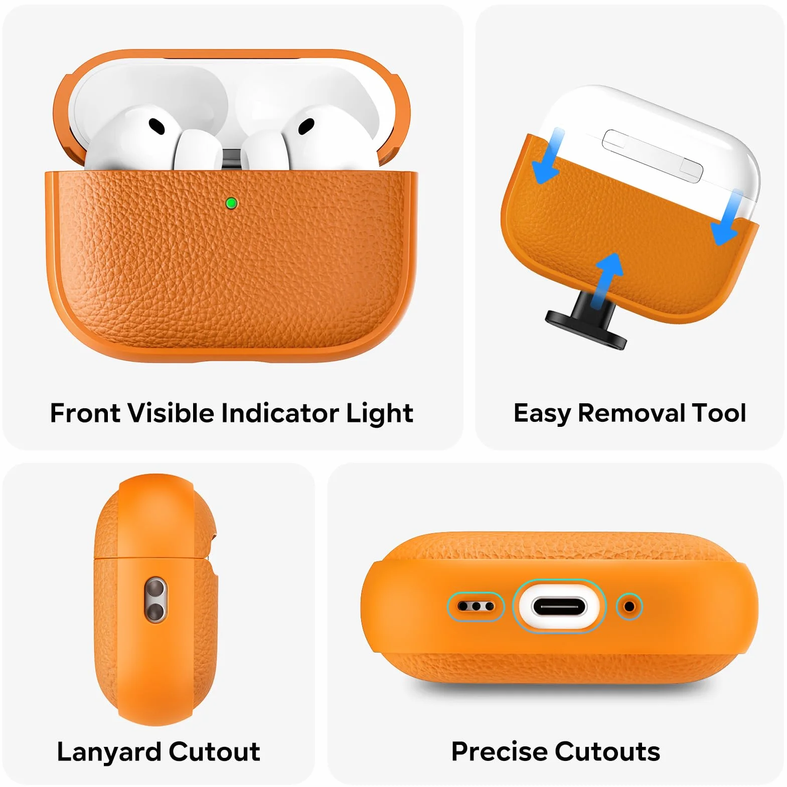ACRONIX Coque TPU Imitation Cuir pour AirPods Pro 3 (2025) – Résistante aux Rayures et à la Poussière, LED Visible à l'avant, Protection Antichoc, Dragonne et Outil de Démontage Inclu, Orange