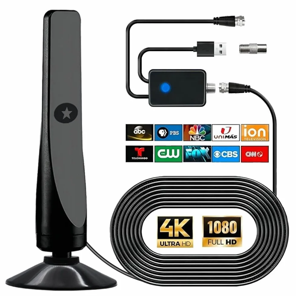 Antenne TV Intérieure Puissante – Réception Longue Portée à 360°Antennes TNT IntéRieur Puissante, Capture Chaînes Locales Gratuites, Base Magnétique, Câble Coaxial 3m