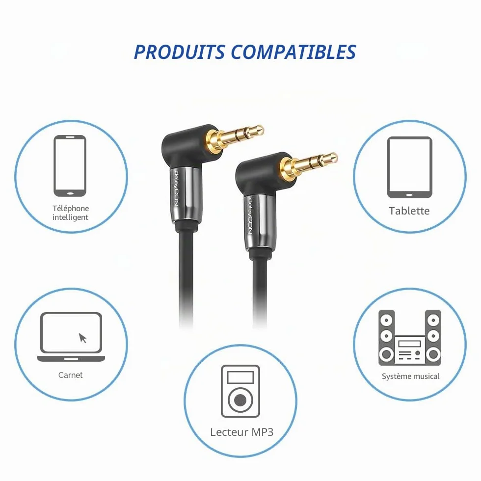 deleyCON 1m Câble Jack 3,5 mm - Câble Audio Stéréo - Fiche Jack Coudée à 90° - pour PC, Ordinateur Portable, Smartphone, Tablette, Récepteur Hi-Fi - Noir