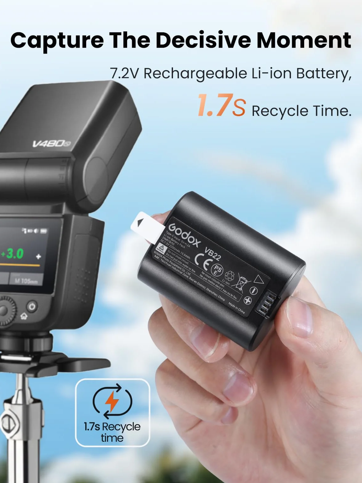 GODOX VB22 Batterie au Lithium pour Godox V480 V1MID V350 Flash, par Exemple V480S V480C V480N V480F V1Mid-N V1Mid-S V1Mid-C V1Mid-F V1Mid-O, 7,2V 2200mAh Batterie Rechargeable, Recharge Via USB-C