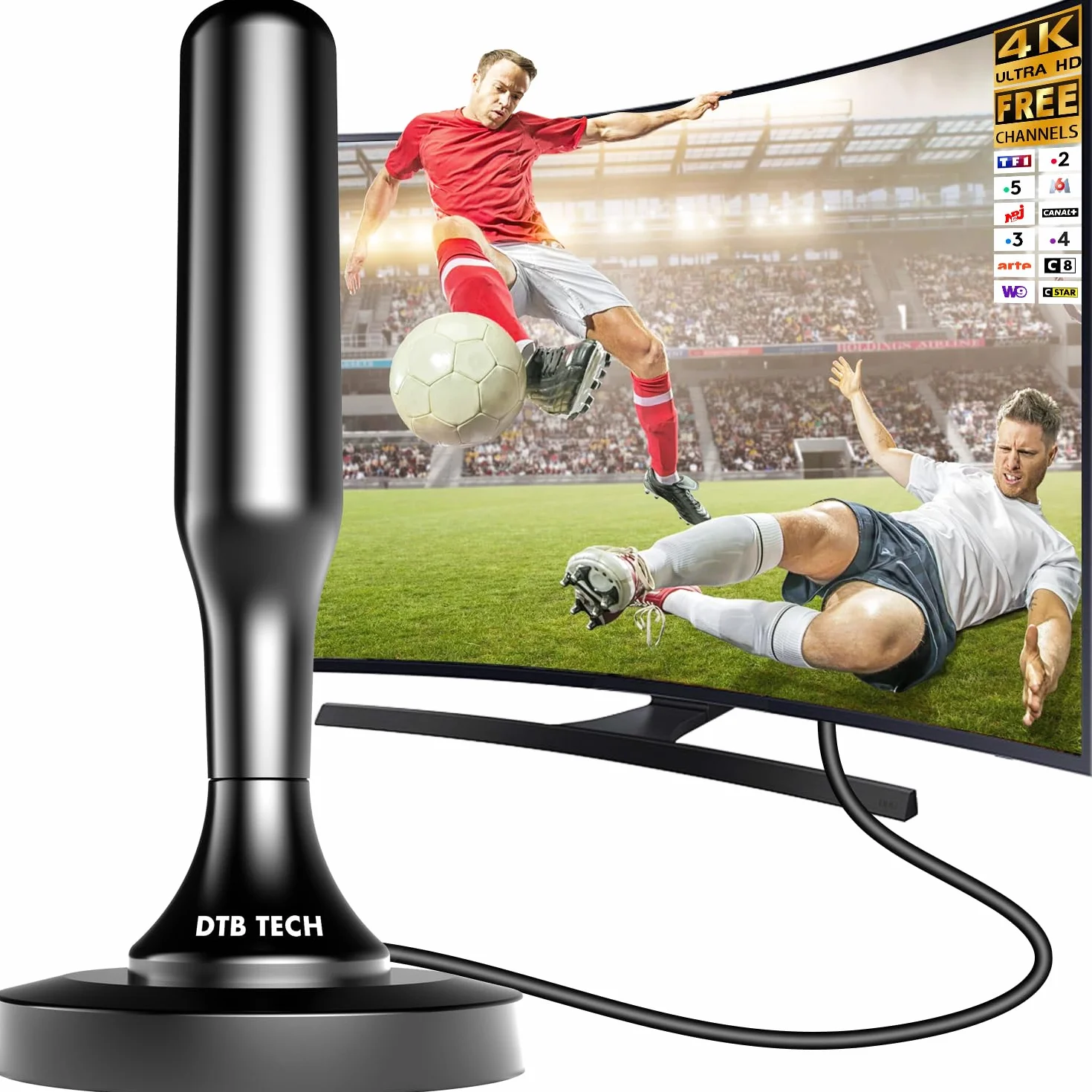 Antenne TV Intérieur Puissante, TNT HD 4K 1080P, Réception 360° Longue Portée 500km, Câble Coaxial 3m