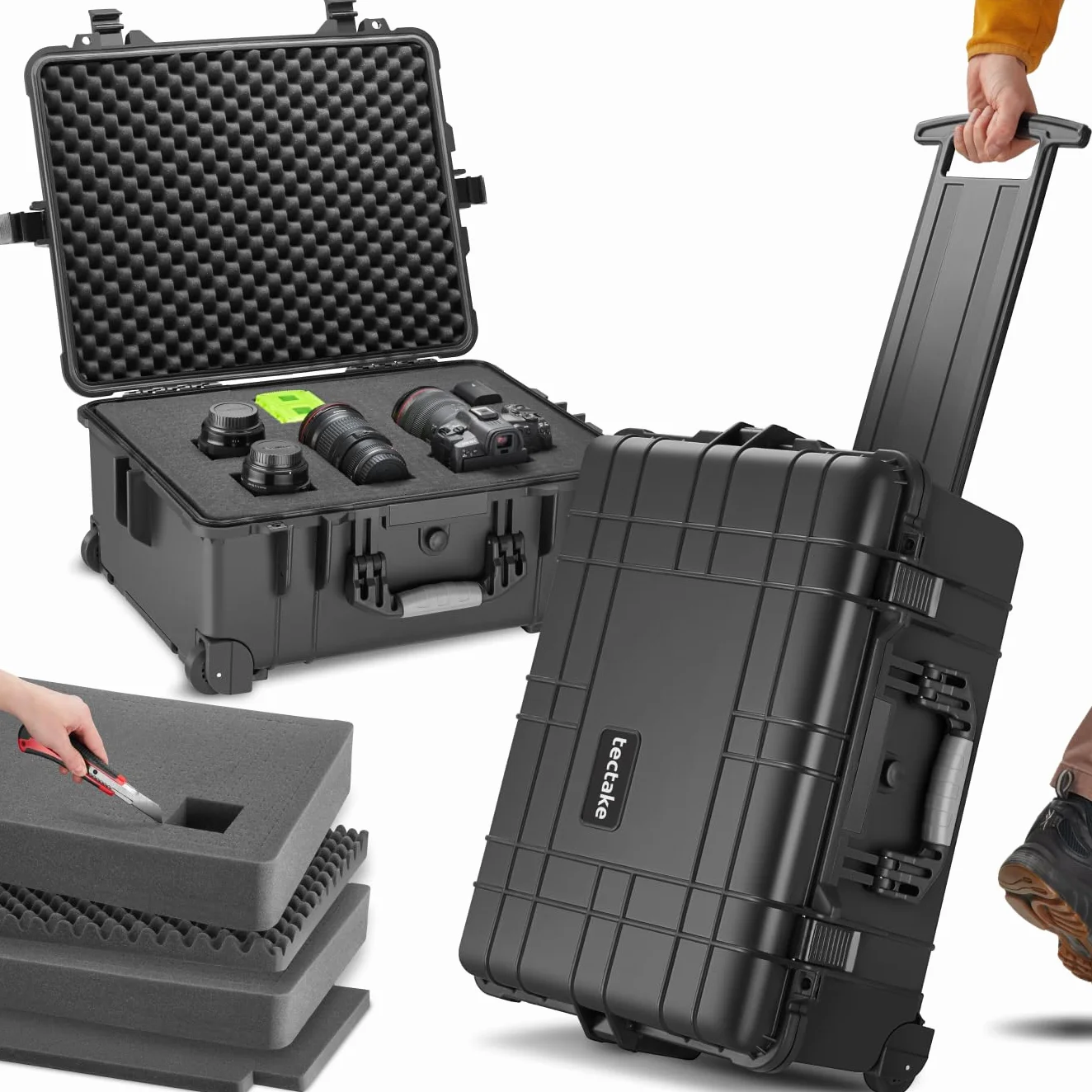tectake® Valise à roulettes avec Protection en Mousse pour Appareil Photo, caméra & Accessoires ou Outils, Boite étanche, avec œillets pour Cadenas, Résistante aux Chocs, poussière & Eau