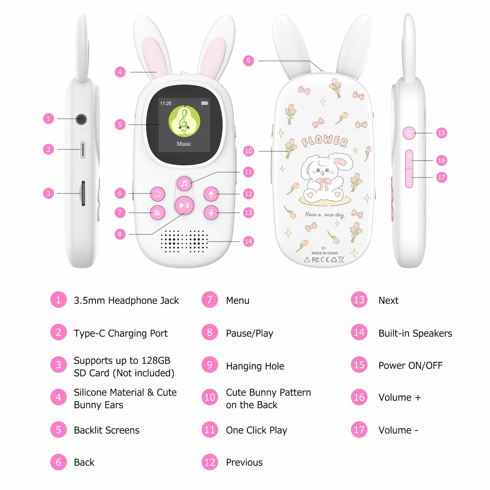 Lecteur MP3 Enfants 32 Go Bluetooth Haut-Parleur Radio FM Enregistrements Alarme Chronomètre