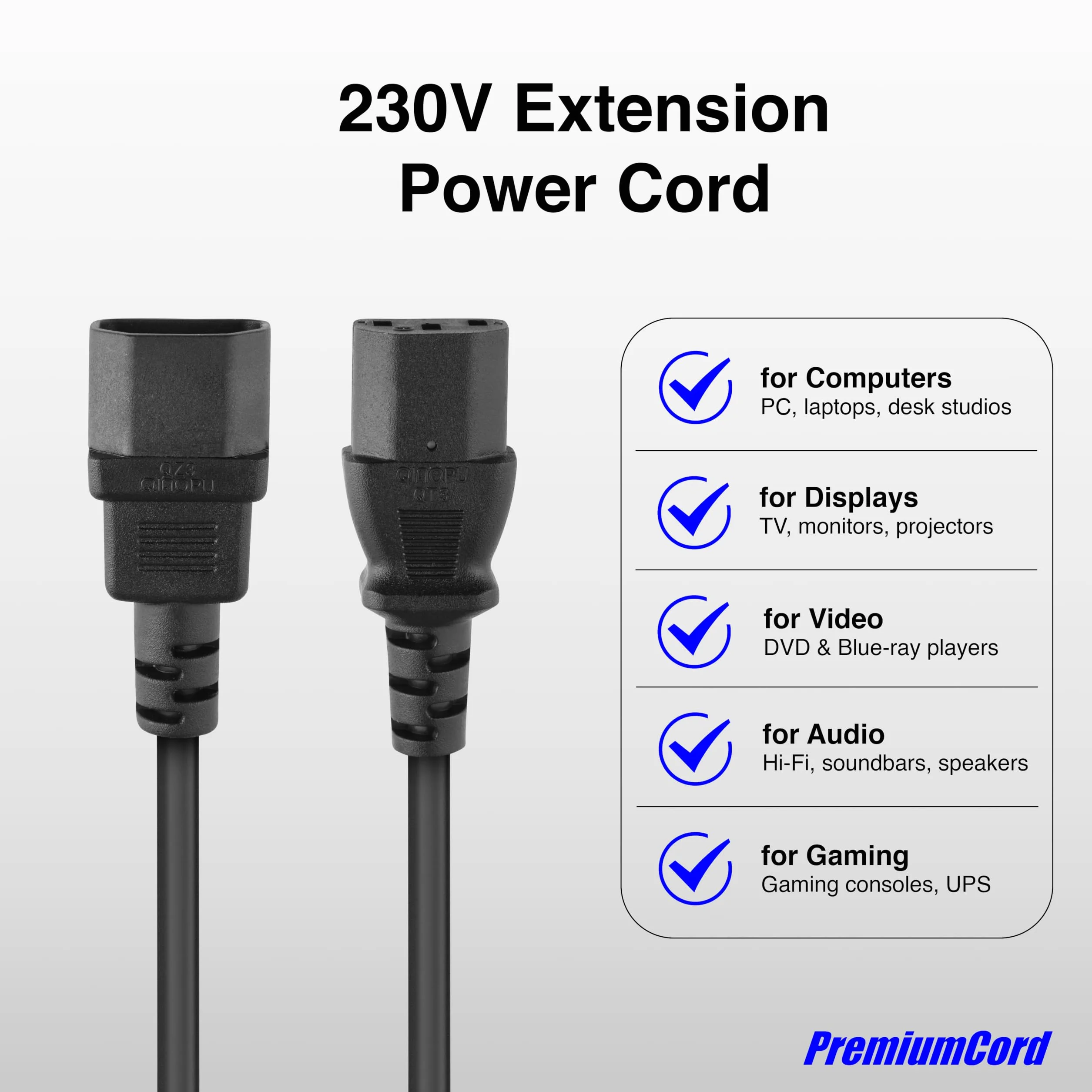 PremiumCord Extension d'alimentation pour PC 230V 5m, Rallonge IEC 320, Prise à Fiche, IEC 320 C13 pour C14, Câble d'alimentation, Couleur Noire