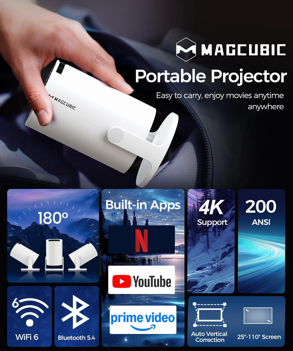 Mini Vidéoprojecteur 4K Supportée 5G WiFi 6 BT 5.4 720P Full HD Native Portable Correction Trapézoïdale Horizontale Automatique Rotatif 180°