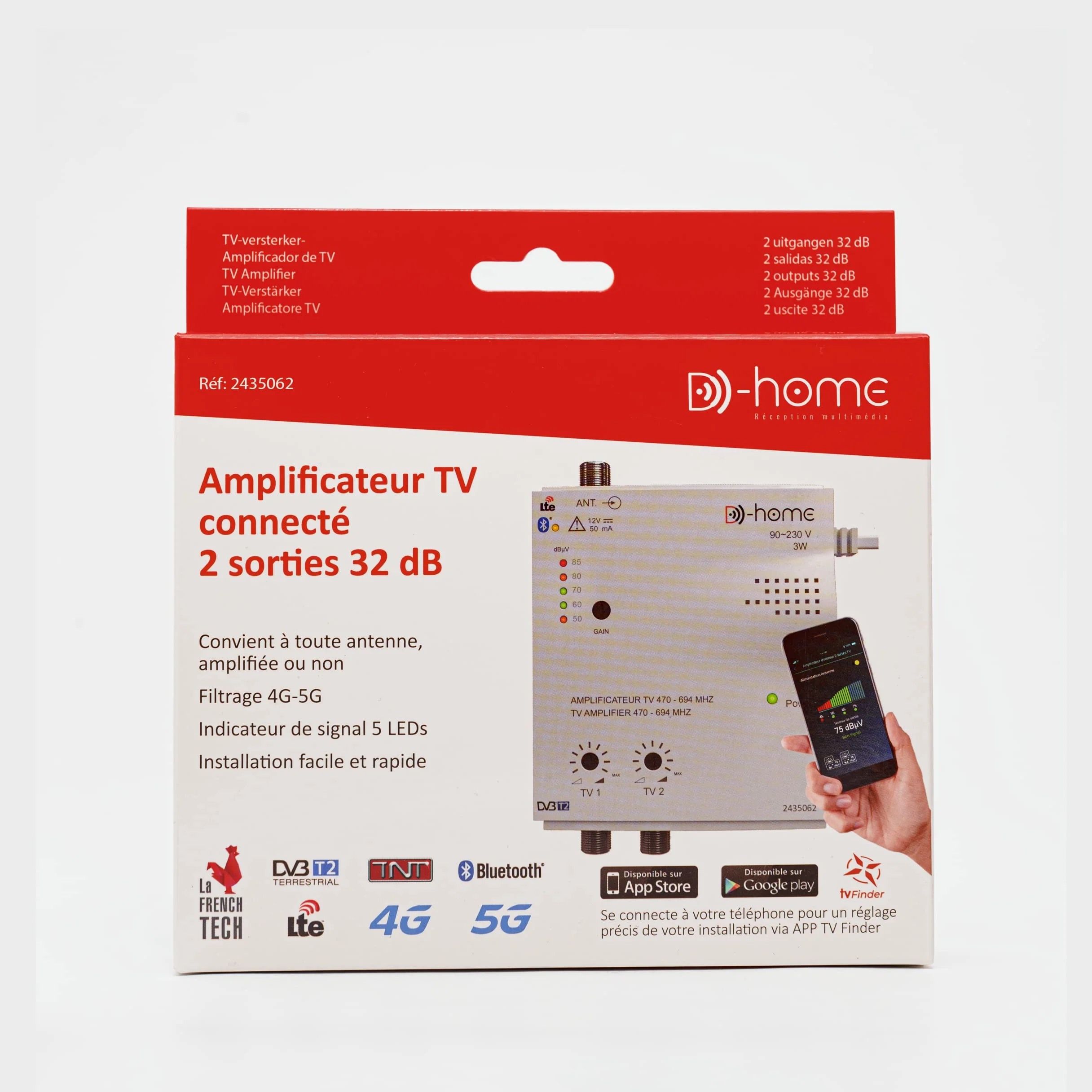 Amplificateur TV TNT Intérieur 32dB 2 Sorties Connecté Filtré 4G-5G avec App Mobile TV Finder
