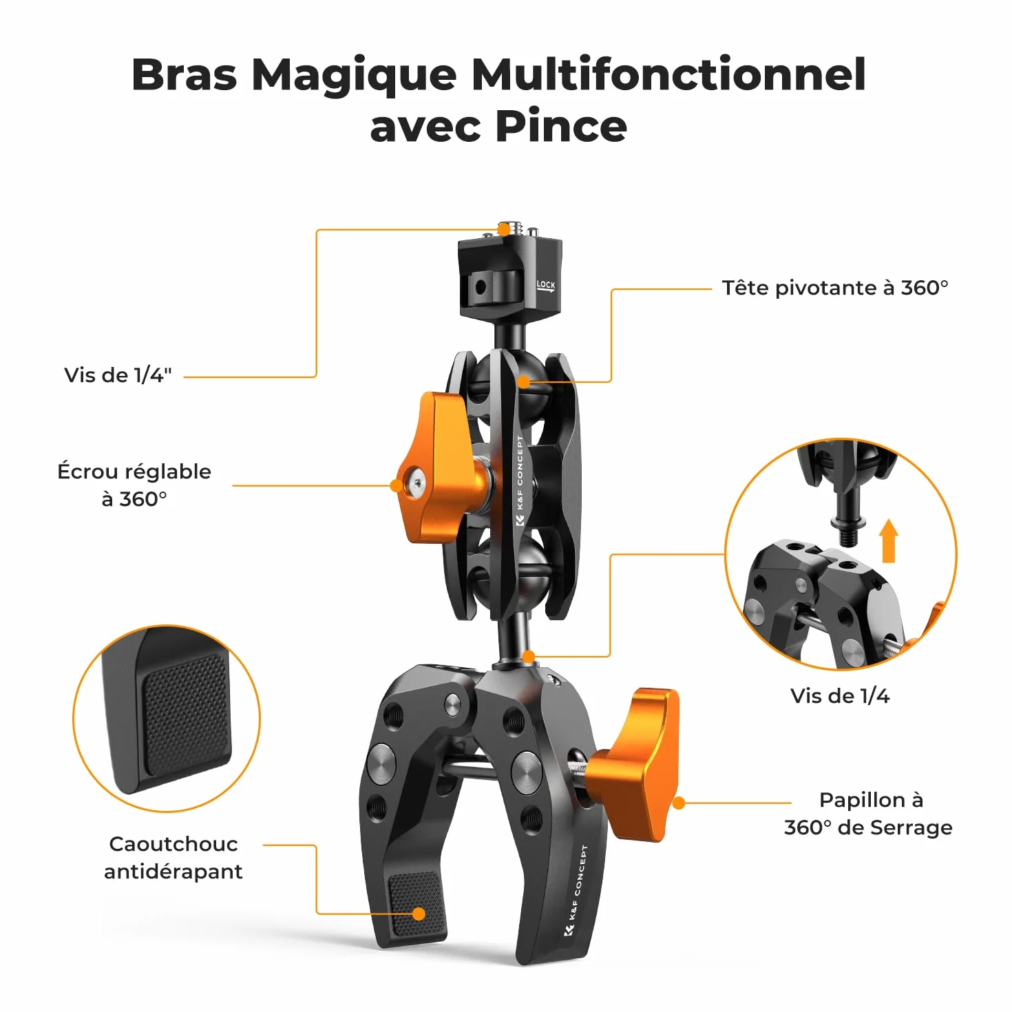 K&F CONCEPT Bras Magique + Pince Super Clamp à Rotule 360° – Support Articulé Multi-Angle avec Filetage 1/4'' et Adaptateur GoPro/Clip Téléphone pour Caméra Photo DSLR Microphone Lumière – M13