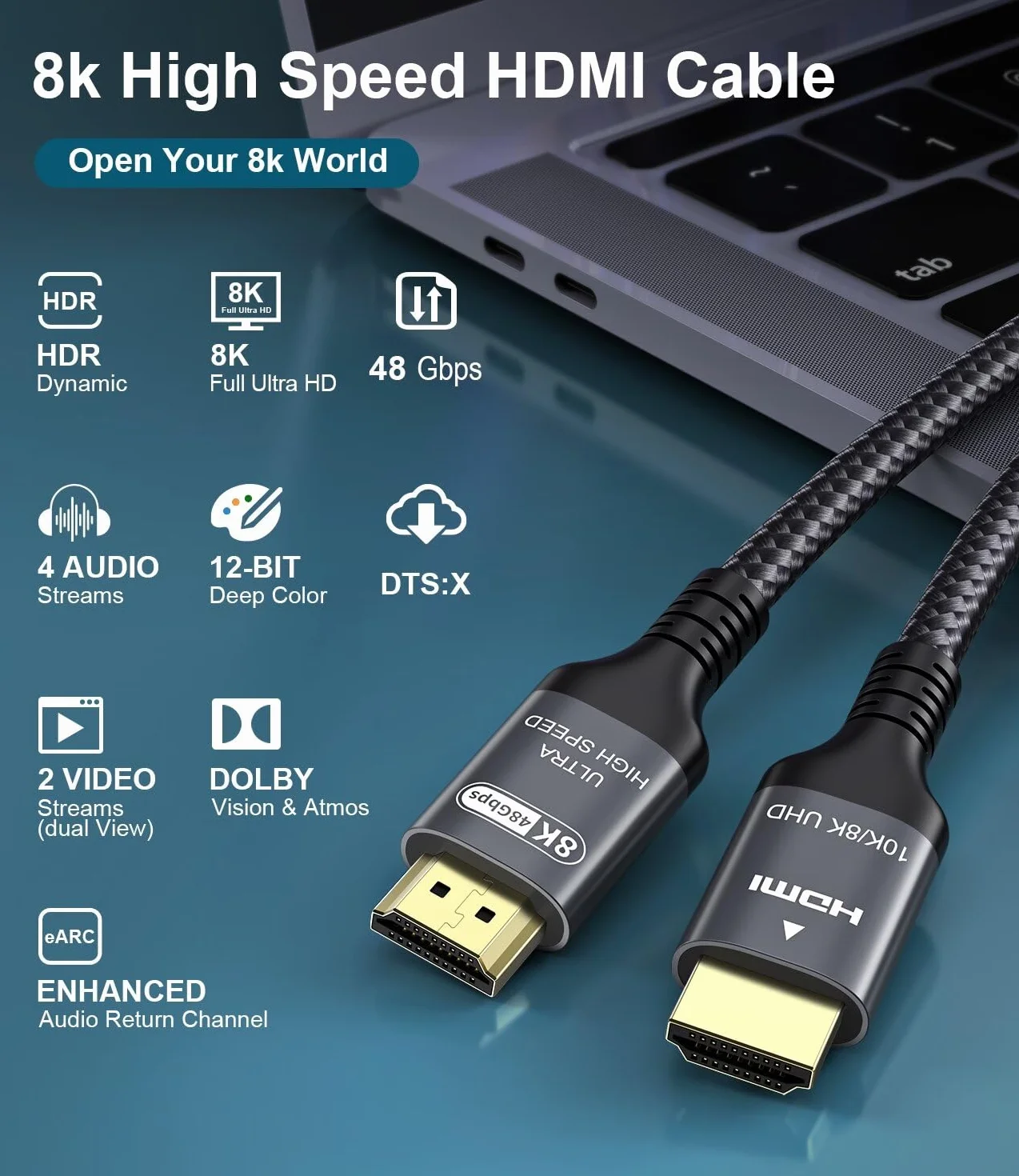 Certifié Câble HDMI 2.1 10K 8K 1M, 48Gbps Câble HDMI Ultra Haut Débit Ethernet CEC 4K 240Hz 200Hz 165Hz 144Hz 120Hz 10K 8K 60Hz ARC eARC Netflix HDCP2.3 HDR10+ PC Laptop RTX5090 TV Écran Projecteur