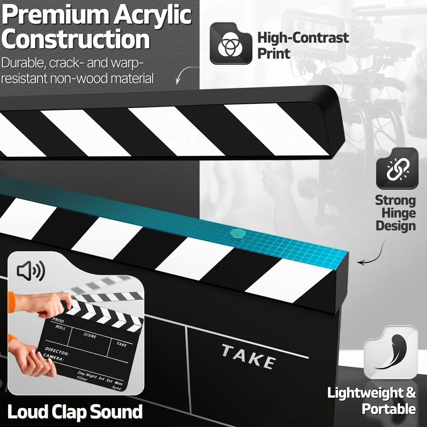 Flexzion Ardoise en plastique acrylique effaçable à sec pour appareil photo hollywoodien, studio, cinéma à domicile, vidéo 25,4 x 30,5 cm avec bâtons noir/blanc