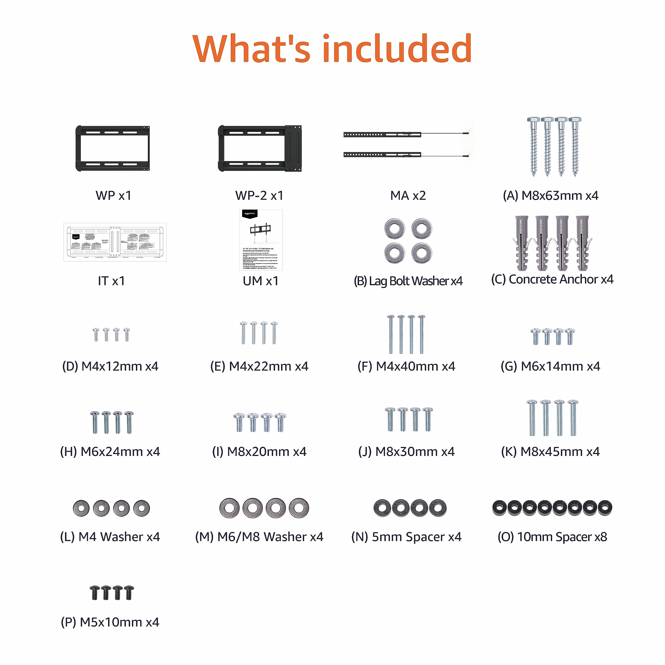 Amazon Basics Support mural fin pour télévision - Position horizontale ajustable après installation, 1 pièces, Pour (32 à 86 pouces), 81.2 à 218 cm, Noir