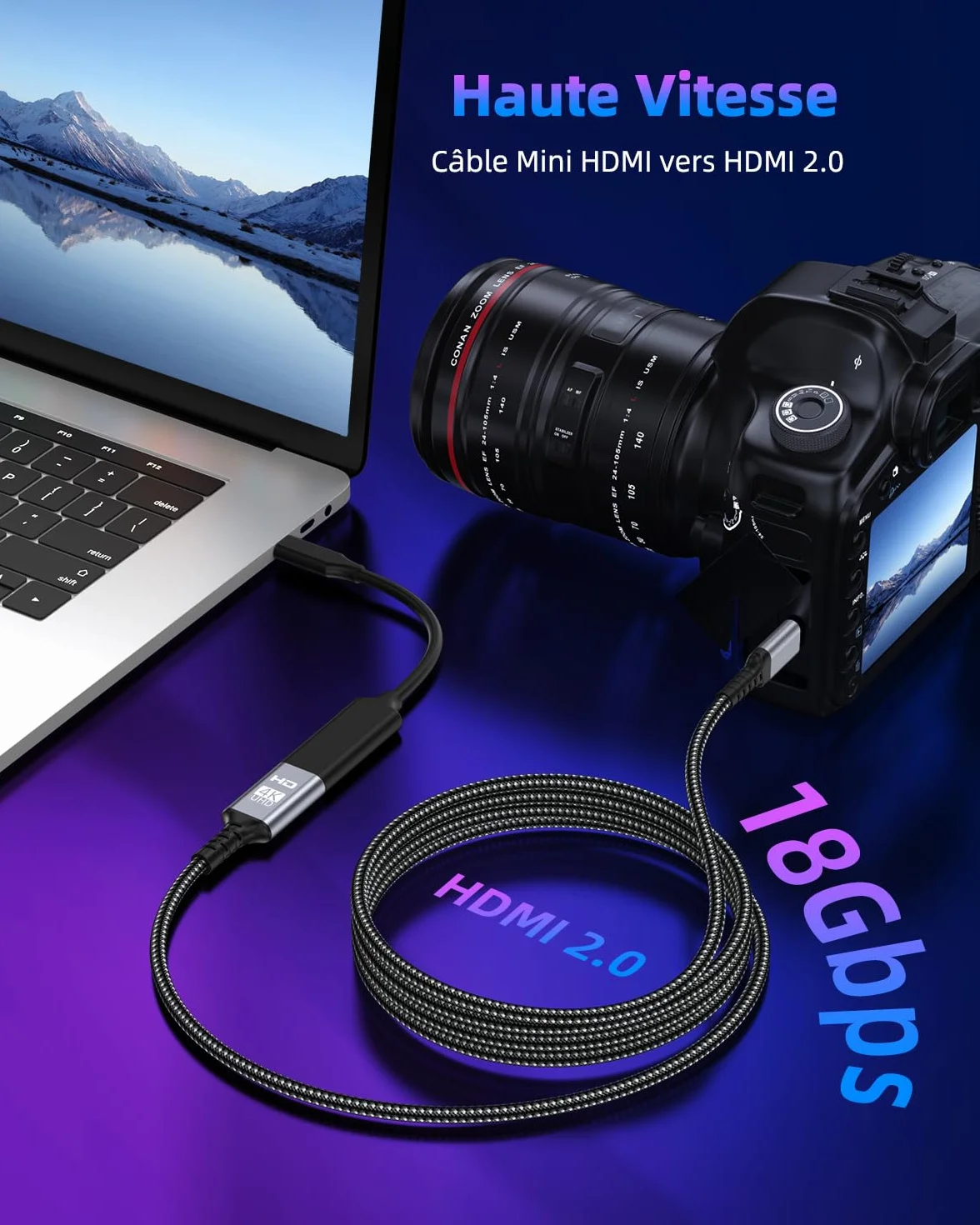 Câble Mini HDMI vers HDMI 2m, 4K@60Hz 2K@120Hz 18Gbps HDMI vers Mini HDMI avec HDR UHD Arc HDCP Compatible avec Caméra, Raspberry Pi Zero, Projecteur, Moniteur, Laptop, HDTV