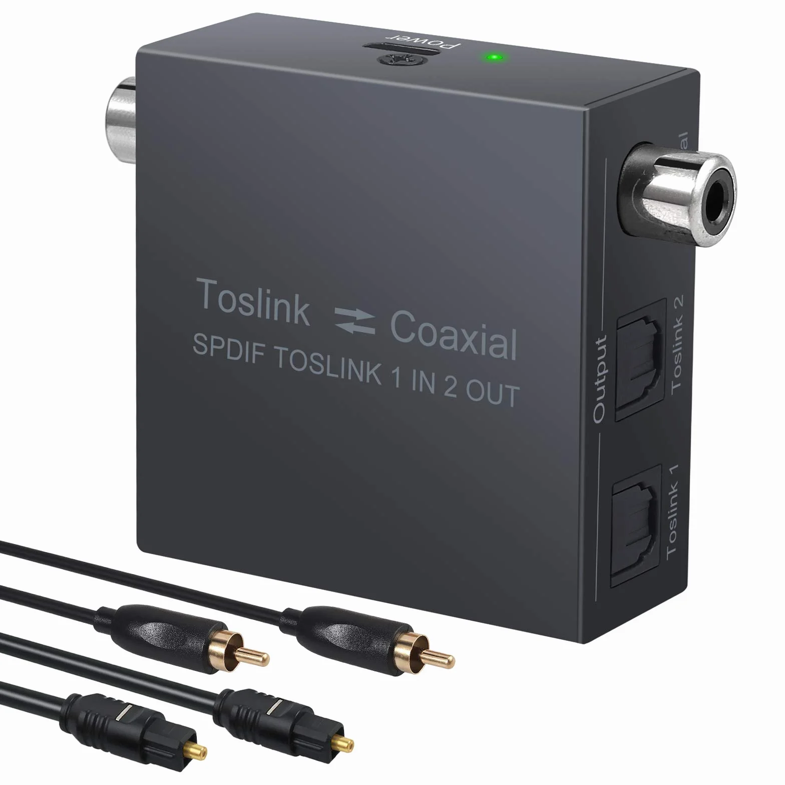 LiNKFOR 192KHz Bidirectionnel Coaxial-Optique Convertisseur Métal avec 1X2 Optique Toslink SPDIF Splitter DTS Dolby AC3 avec Câble Optique/Coaxial Audio Numérique Commutateur pour HDTV PS4 SoundBar