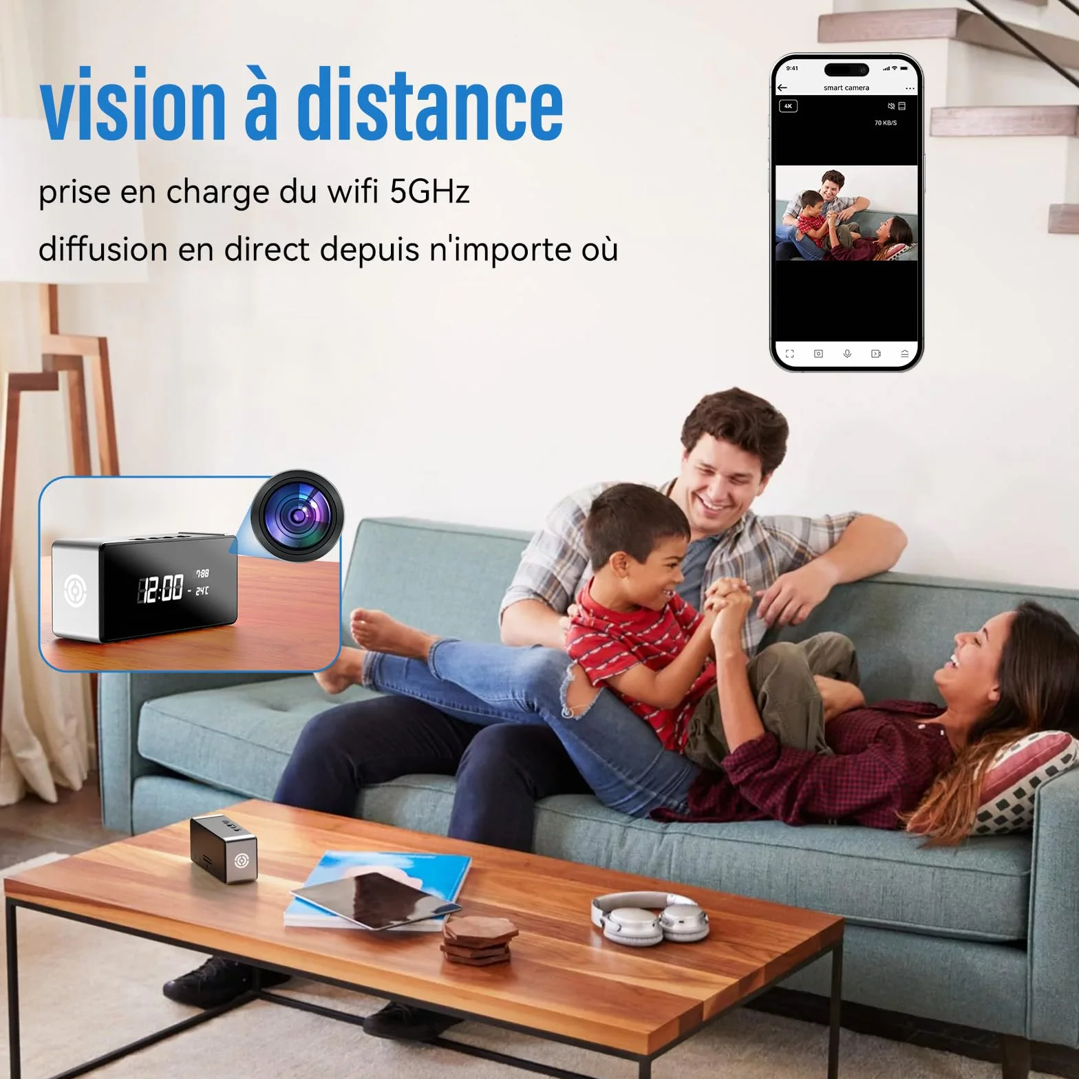 Caméra cachée 4K sans Fil Vision Nocturne Grand Angle Détection Mouvement Sécurité Intérieure